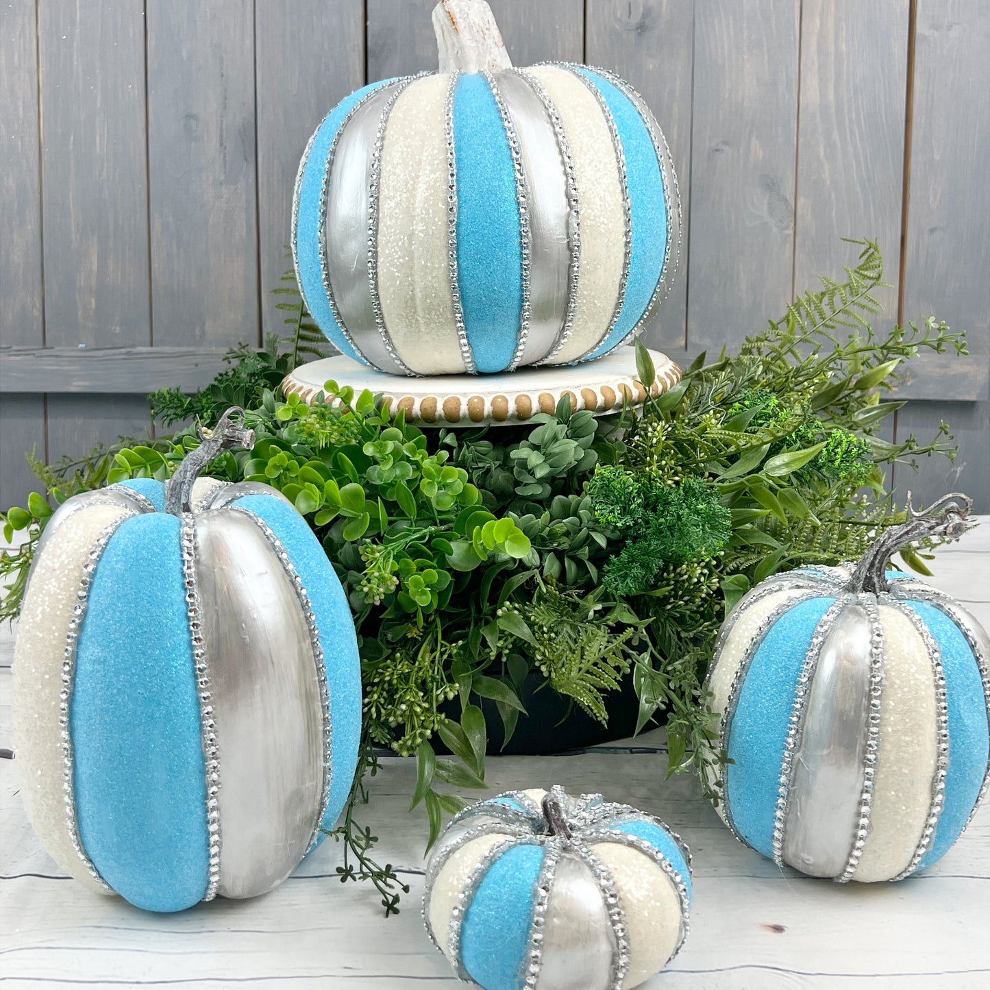 Fairytale Jeweled Pumpkin Set, Blue Silver Glittered Pumpkins - Fall Home Decor