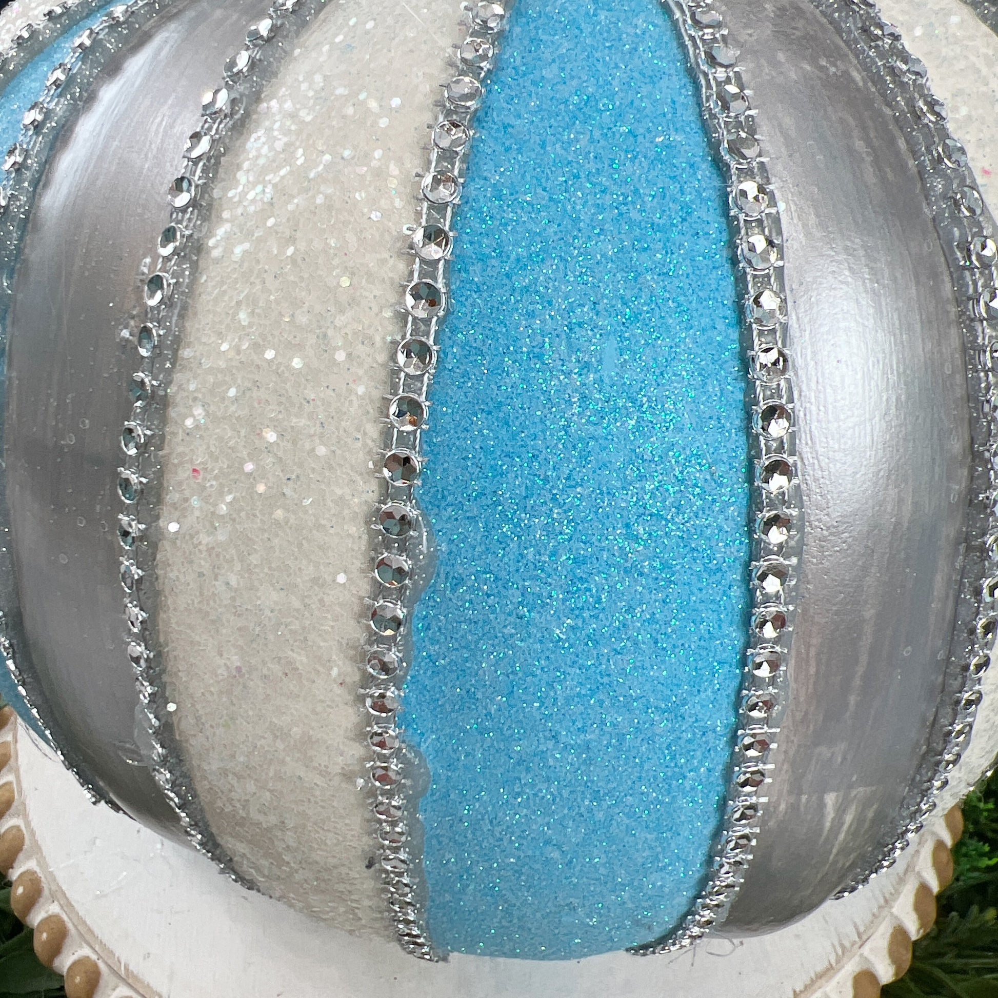 Fairytale Jeweled Pumpkin Set, Blue Silver Glittered Pumpkins - Fall Home Decor