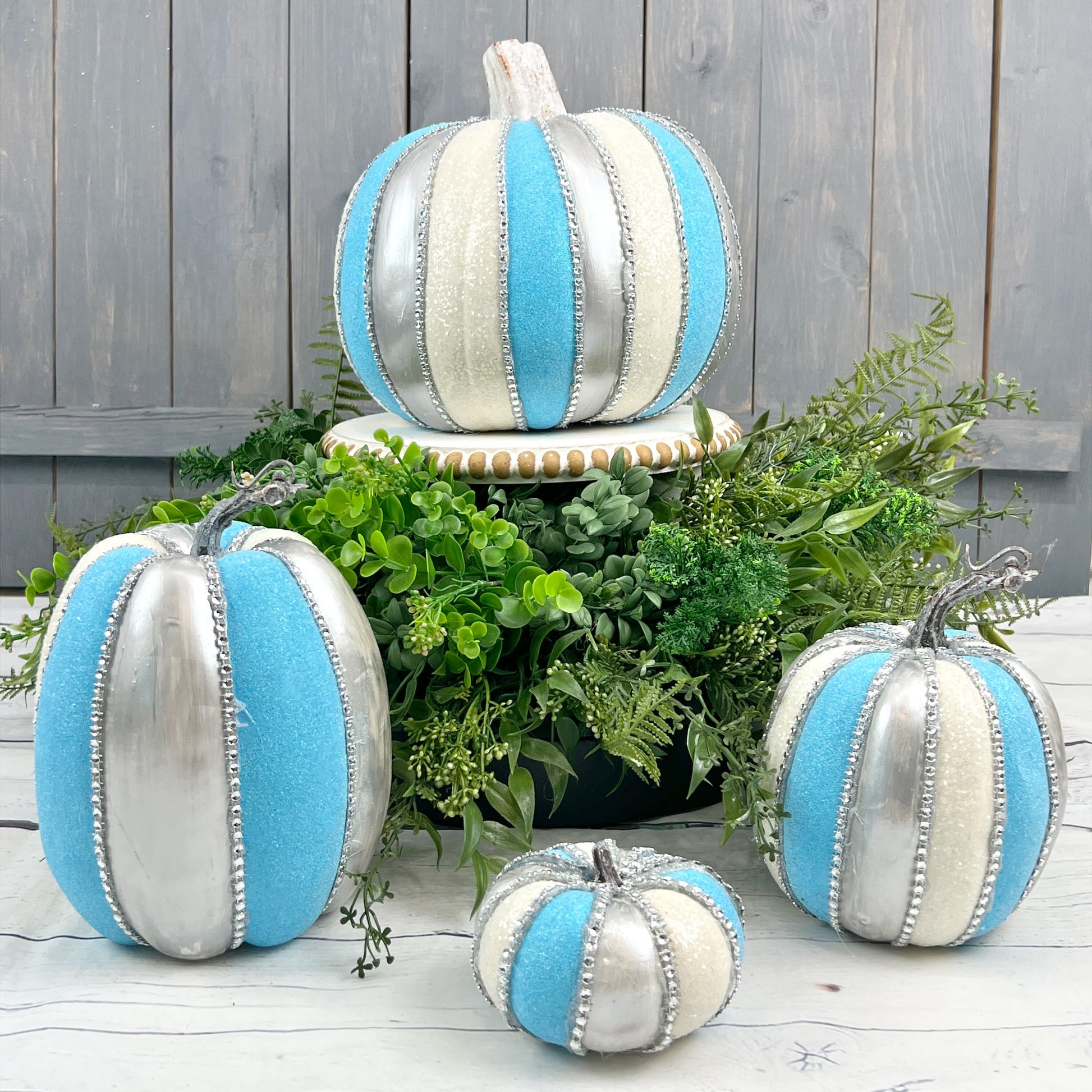 Fairytale Jeweled Pumpkin Set, Blue Silver Glittered Pumpkins - Fall Home Decor