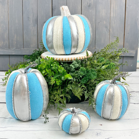 Fairytale Jeweled Pumpkin Set, Blue Silver Glittered Pumpkins - Fall Home Decor