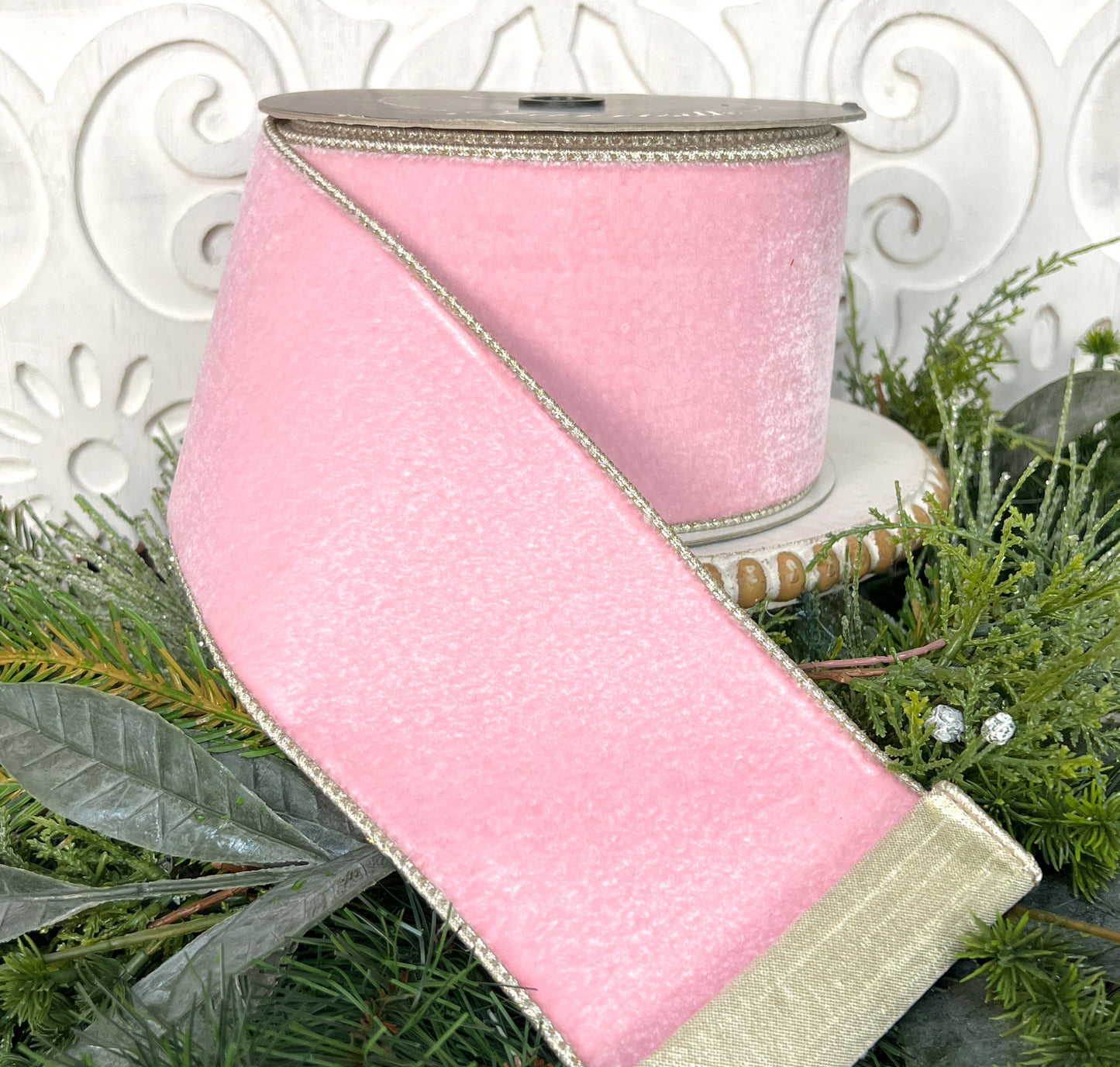 Farrisilk Designer Pink Velvet Ribbon - Luxury Wired Floral Ribbon for Christmas & Holiday Decor