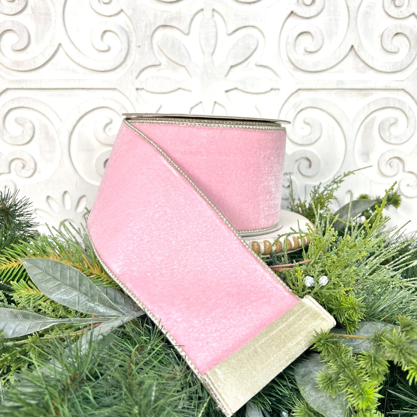Farrisilk Designer Pink Velvet Ribbon - Luxury Wired Floral Ribbon for Christmas & Holiday Decor