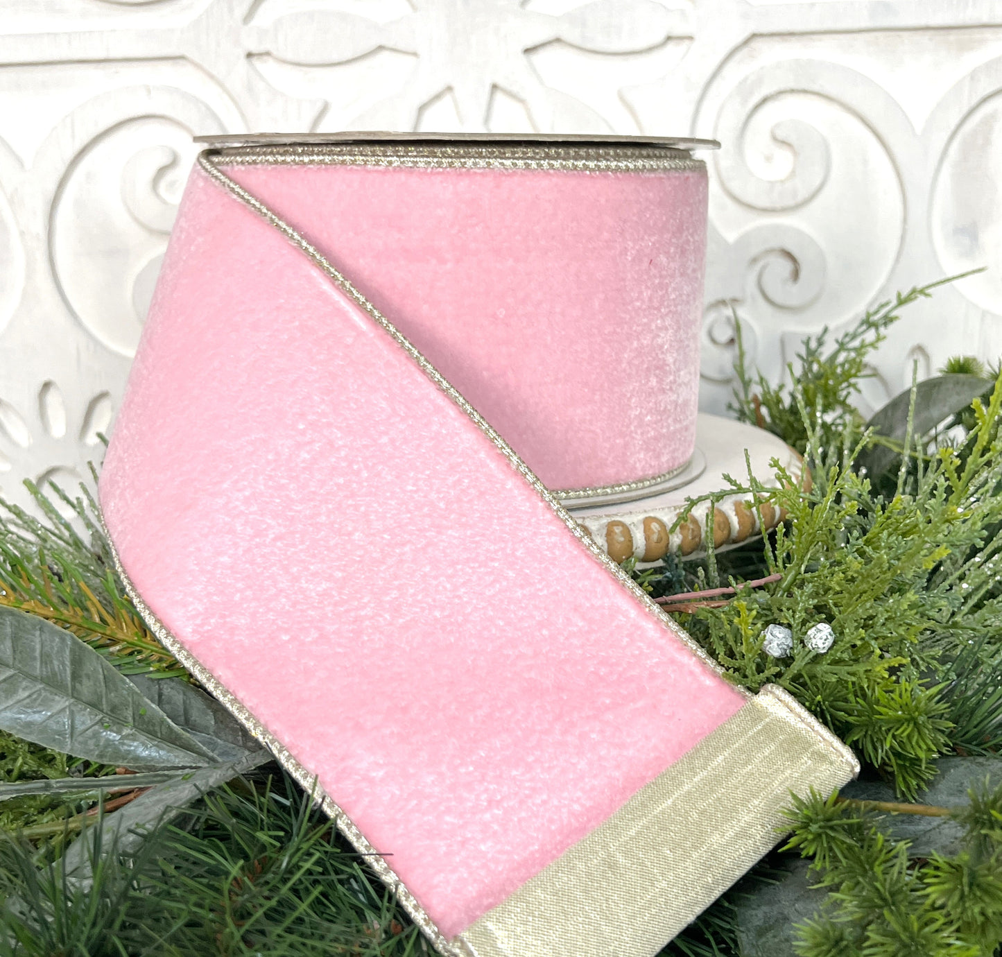 Farrisilk Designer Pink Velvet Ribbon - Luxury Wired Floral Ribbon for Christmas & Holiday Decor