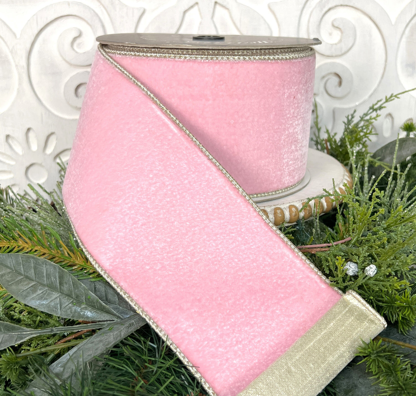 Farrisilk Designer Pink Velvet Ribbon - Luxury Wired Floral Ribbon for Christmas & Holiday Decor