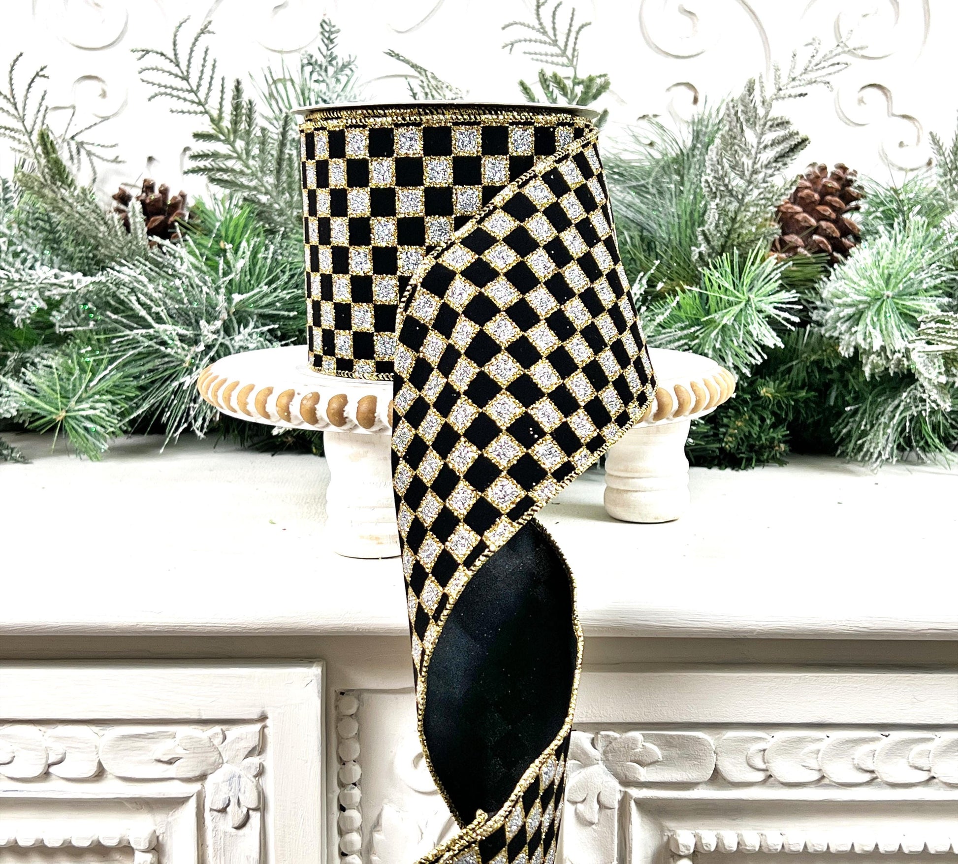 Black and Silver Checked Ribbon, Wired Black Gold Check Ribbon, Glittered Check Ribbon, Glittered Black and Silver Ribbon