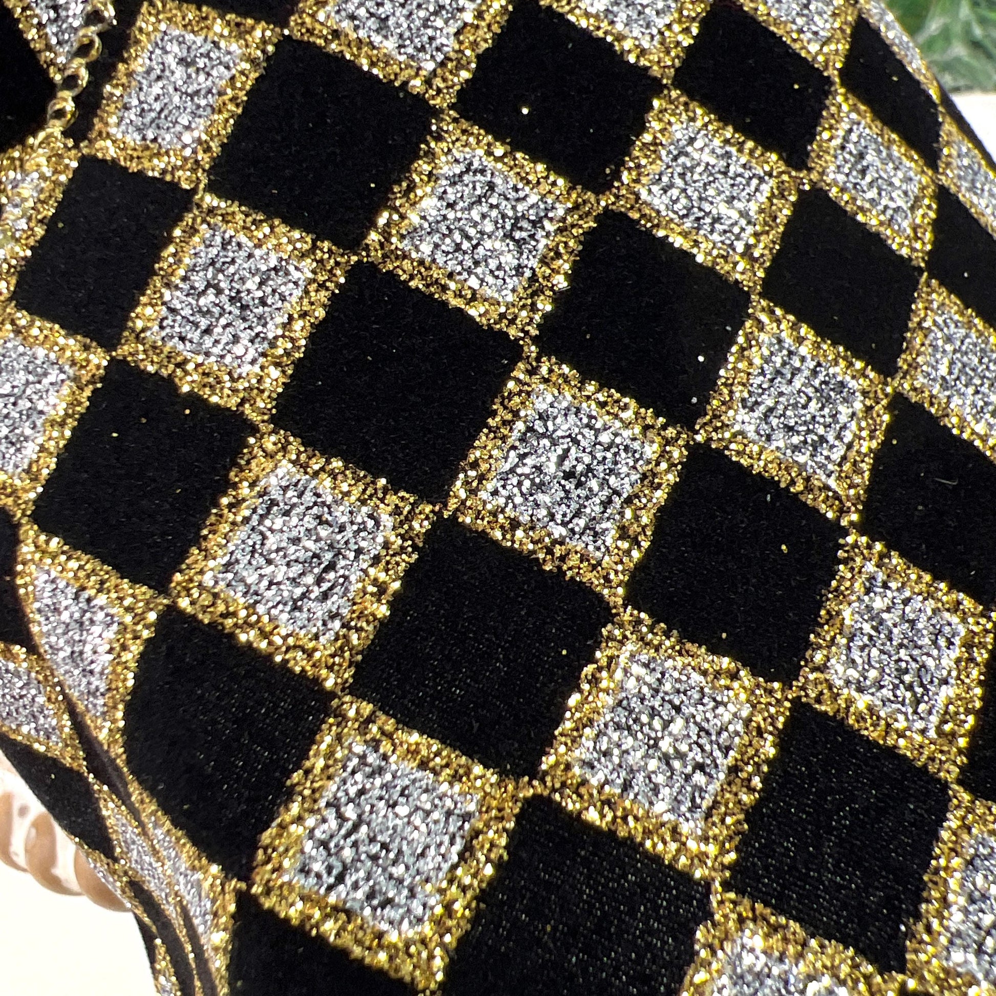 Black and Silver Checked Ribbon, Wired Black Gold Check Ribbon, Glittered Check Ribbon, Glittered Black and Silver Ribbon