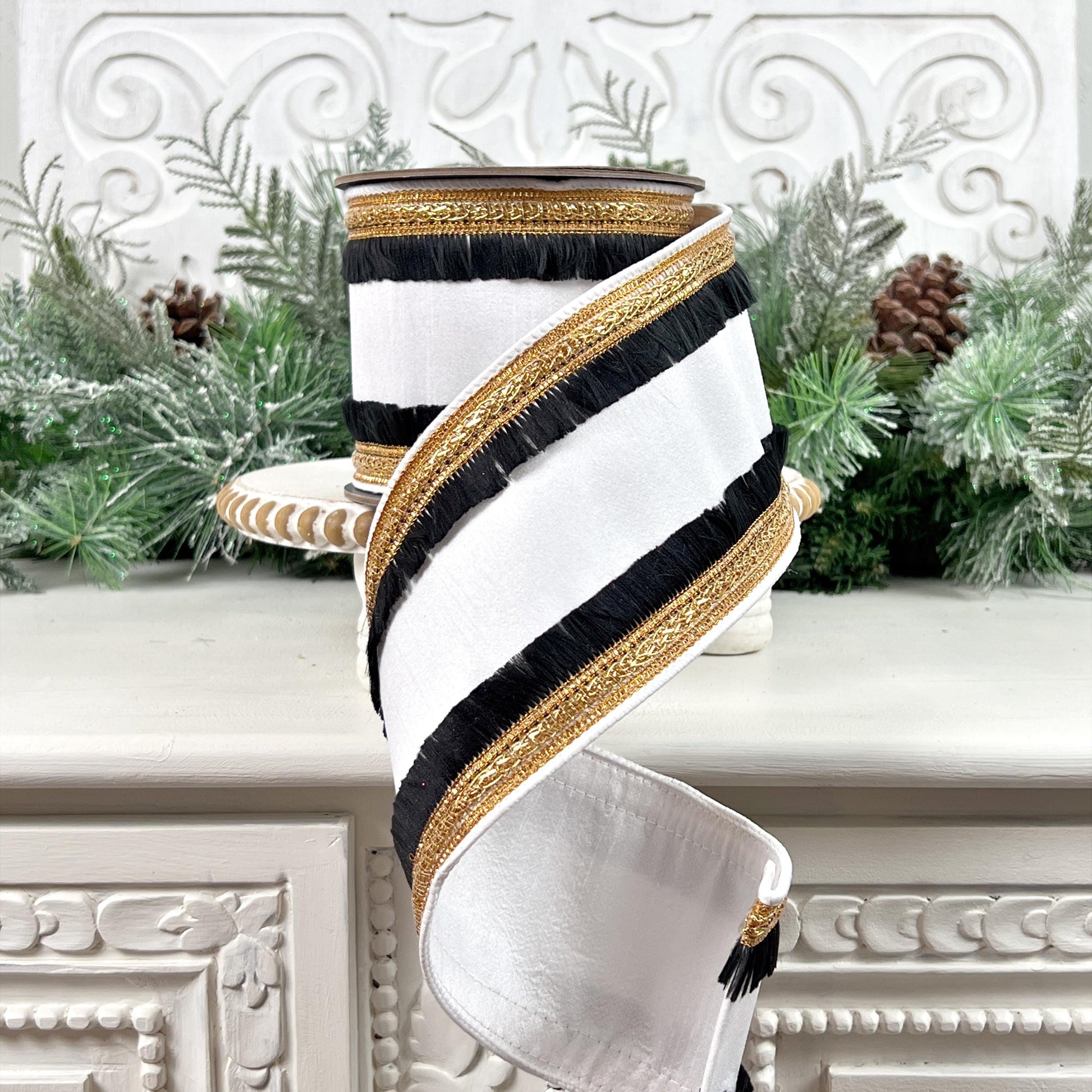 Elegant White Ribbon with Black Fringe and Gold Trim, Black White Ribbon, Black Fringe Ribbon, Gold Trimmed Ribbon, 4" Dupioni White Fringe