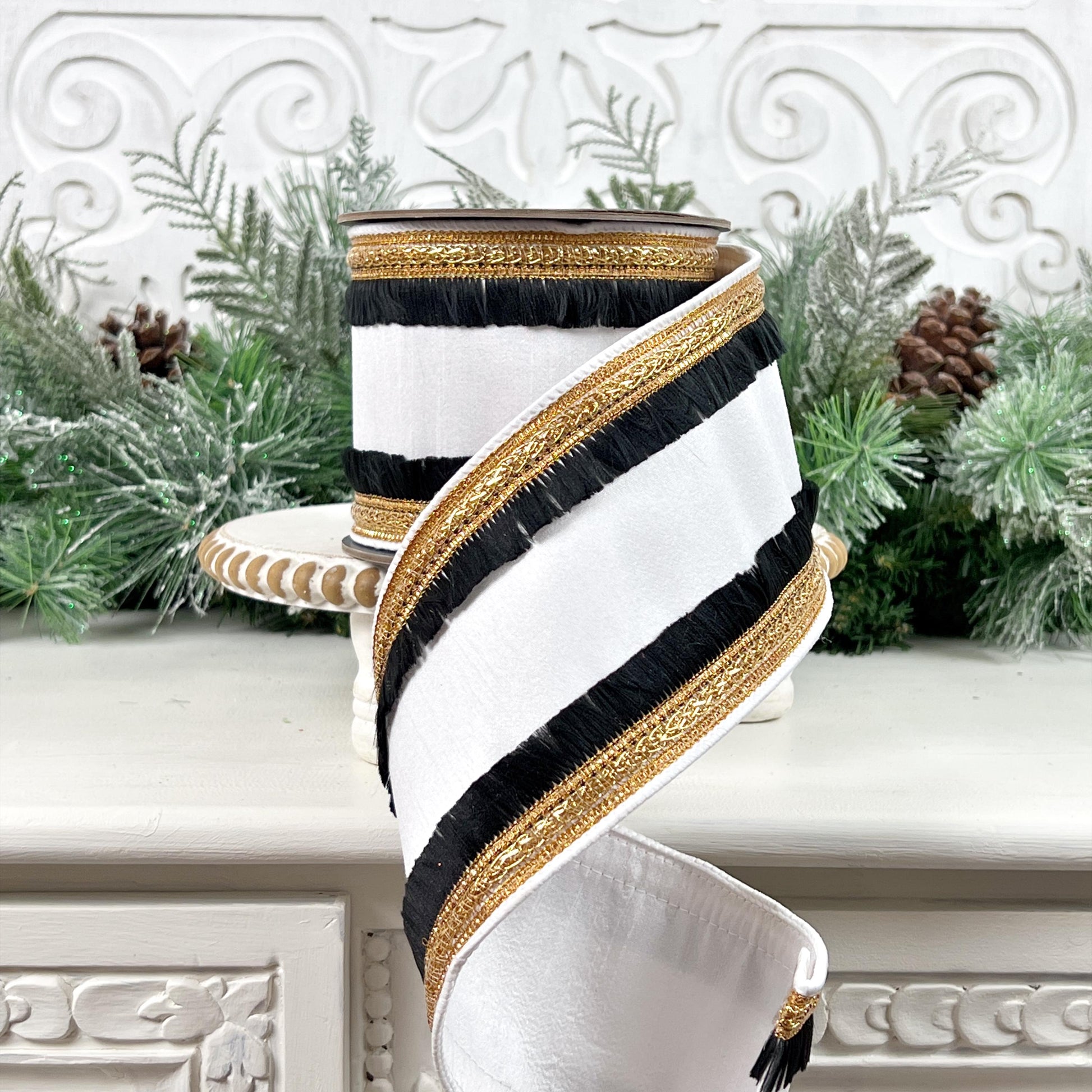 Elegant White Ribbon with Black Fringe and Gold Trim, Black White Ribbon, Black Fringe Ribbon, Gold Trimmed Ribbon, 4" Dupioni White Fringe