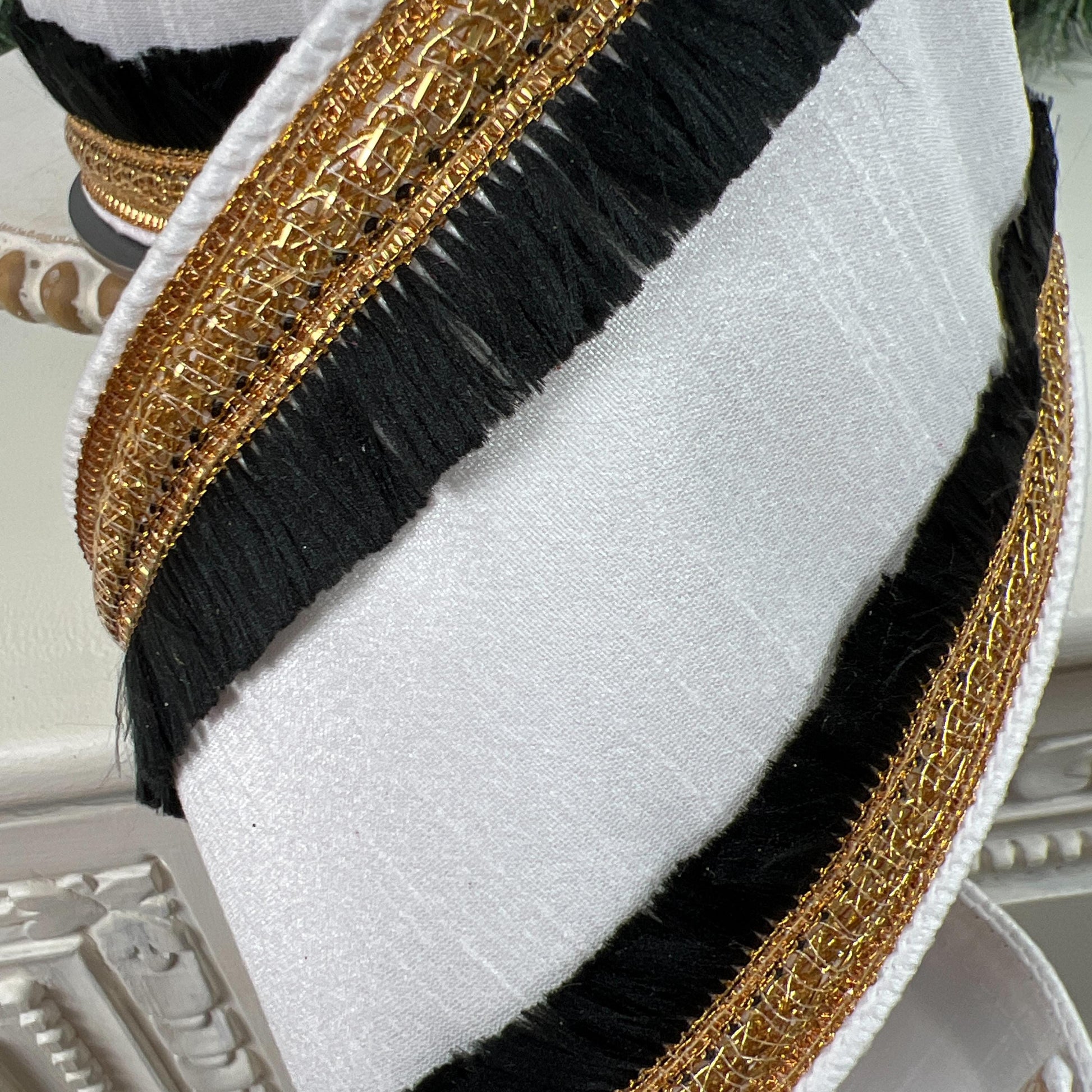 Elegant White Ribbon with Black Fringe and Gold Trim, Black White Ribbon, Black Fringe Ribbon, Gold Trimmed Ribbon, 4" Dupioni White Fringe