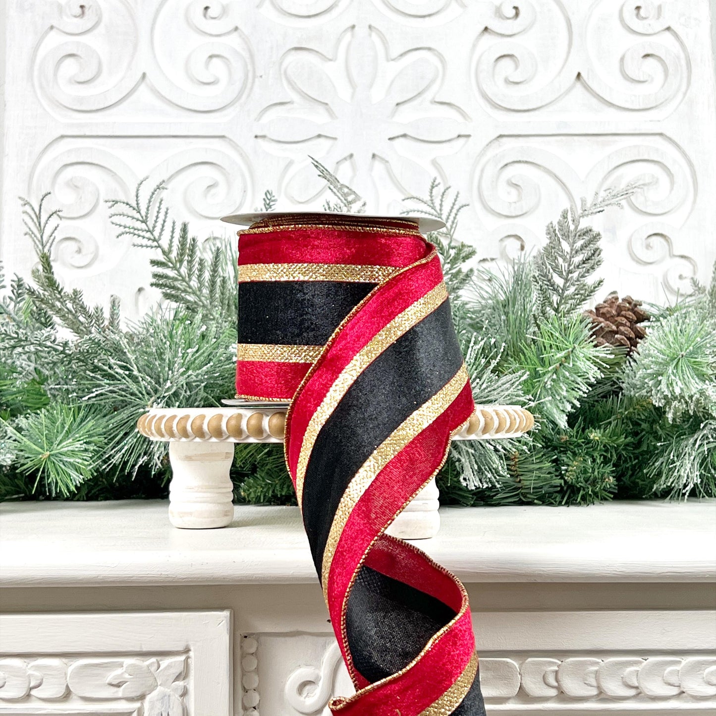 Red Black and Gold Striped Nutcracker Ribbon, Red and Black Christmas Ribbon, 4" Red Black Gold Striped Metallic Ribbon, Nutcracker Stripes