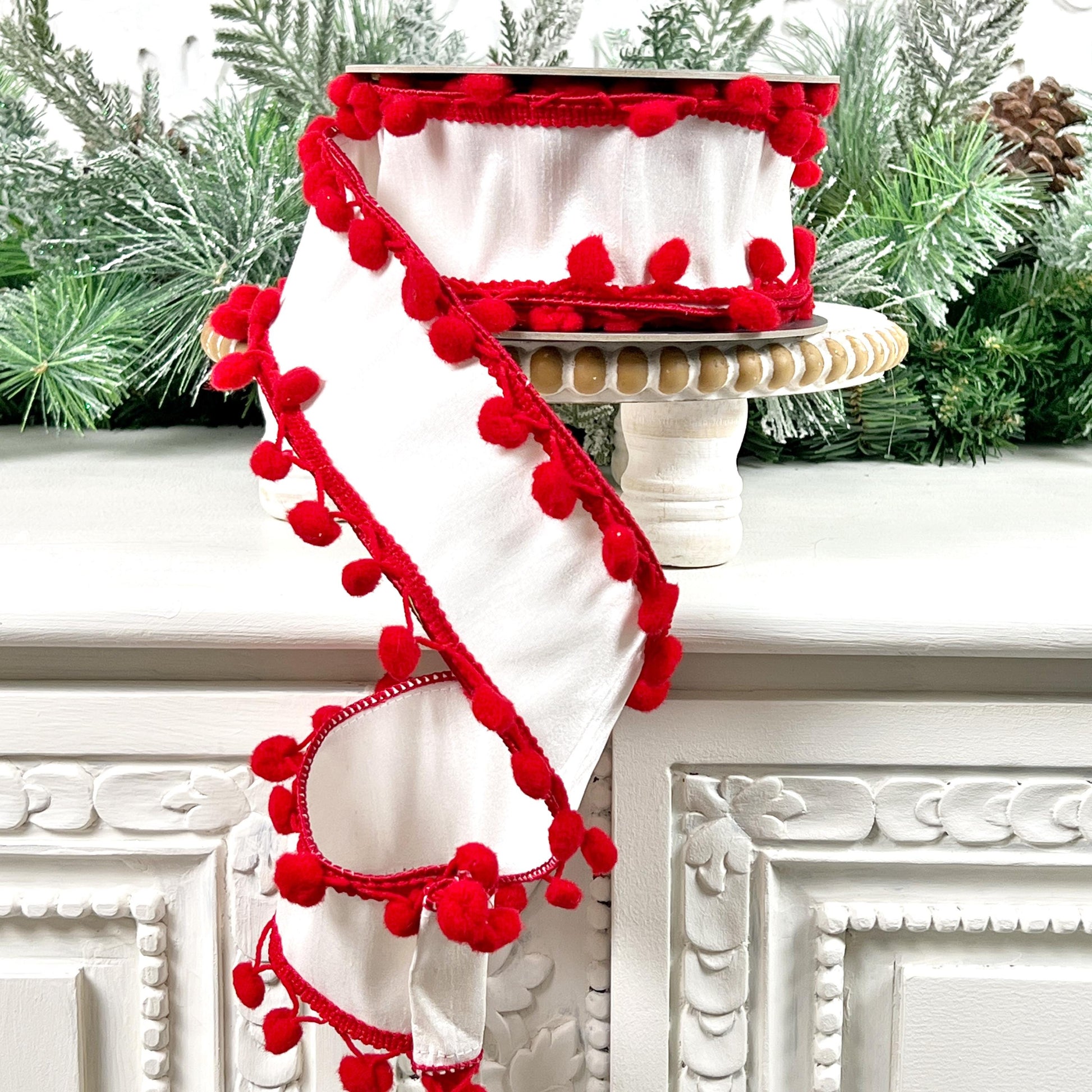White Ribbon with Red Pom Pom Trim, Pom Pom Edge Trimmed White Ribbon, Red and White Christmas Ribbon, Red and White Holiday Ribbon,