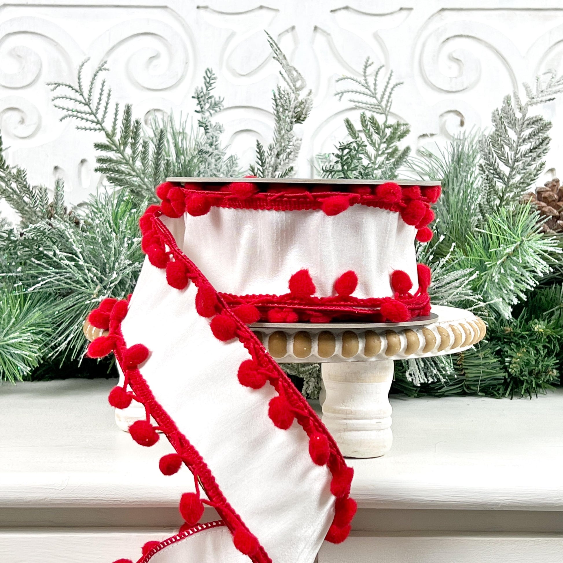 White Ribbon with Red Pom Pom Trim, Pom Pom Edge Trimmed White Ribbon, Red and White Christmas Ribbon, Red and White Holiday Ribbon,