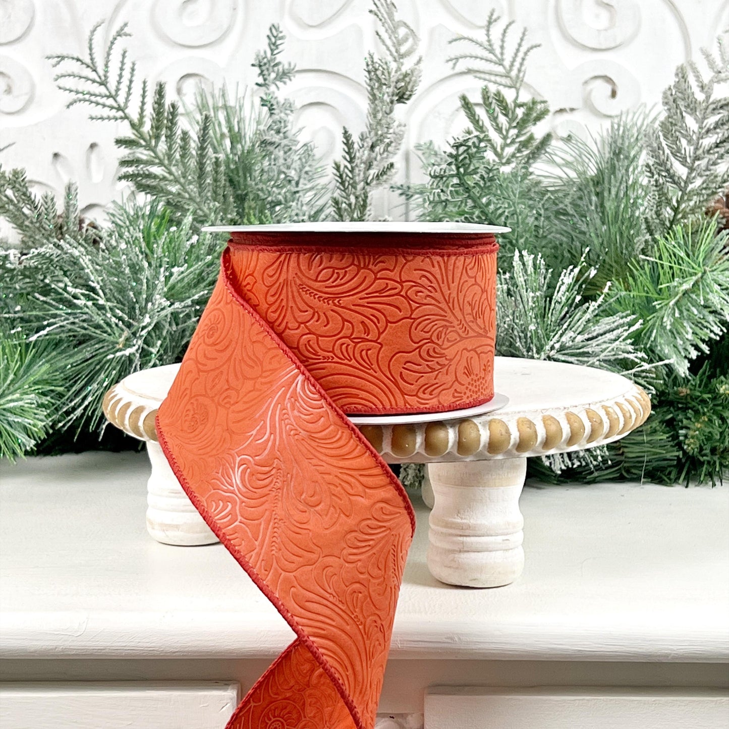 Rust Orange Floral Embossed Ribbon, Orange Fall Ribbon, Floral Ribbon, Autumn Floral Embossed Ribbon, Rust Orange Wedding Decor
