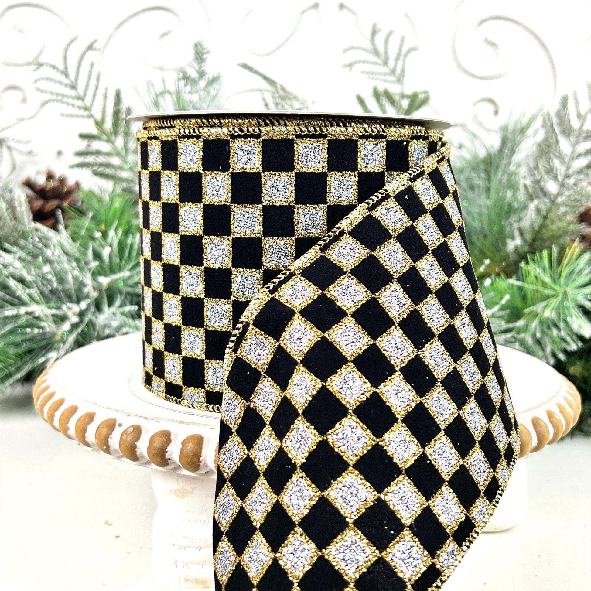 Black and Silver Checked Ribbon, Wired Black Gold Check Ribbon, Glittered Check Ribbon, Glittered Black and Silver Ribbon