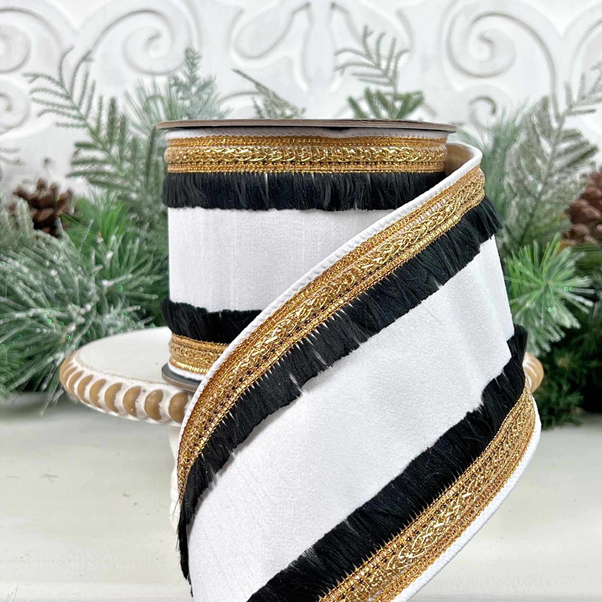 Elegant White Ribbon with Black Fringe and Gold Trim, Black White Ribbon, Black Fringe Ribbon, Gold Trimmed Ribbon, 4" Dupioni White Fringe