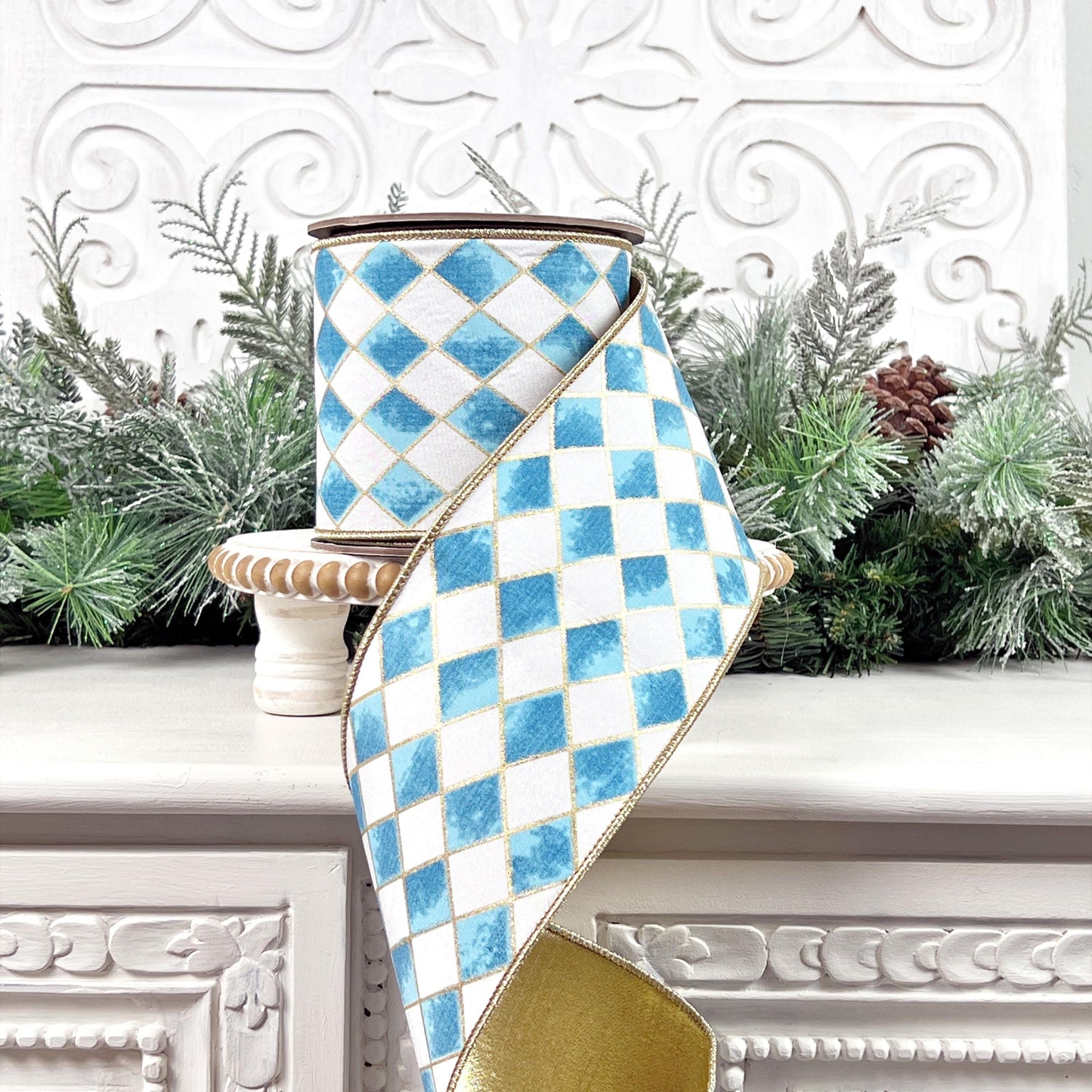 Blue and White Harlequin Ribbon, Cobalt Blue Jester Ribbon, Gold Backed Gilded Harlequin Ribbon, 4" Wired Harlequin Ribbon, Designer Ribbon