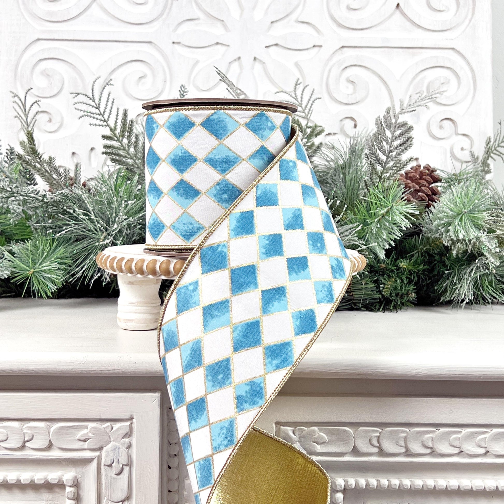 Blue and White Harlequin Ribbon, Cobalt Blue Jester Ribbon, Gold Backed Gilded Harlequin Ribbon, 4" Wired Harlequin Ribbon, Designer Ribbon