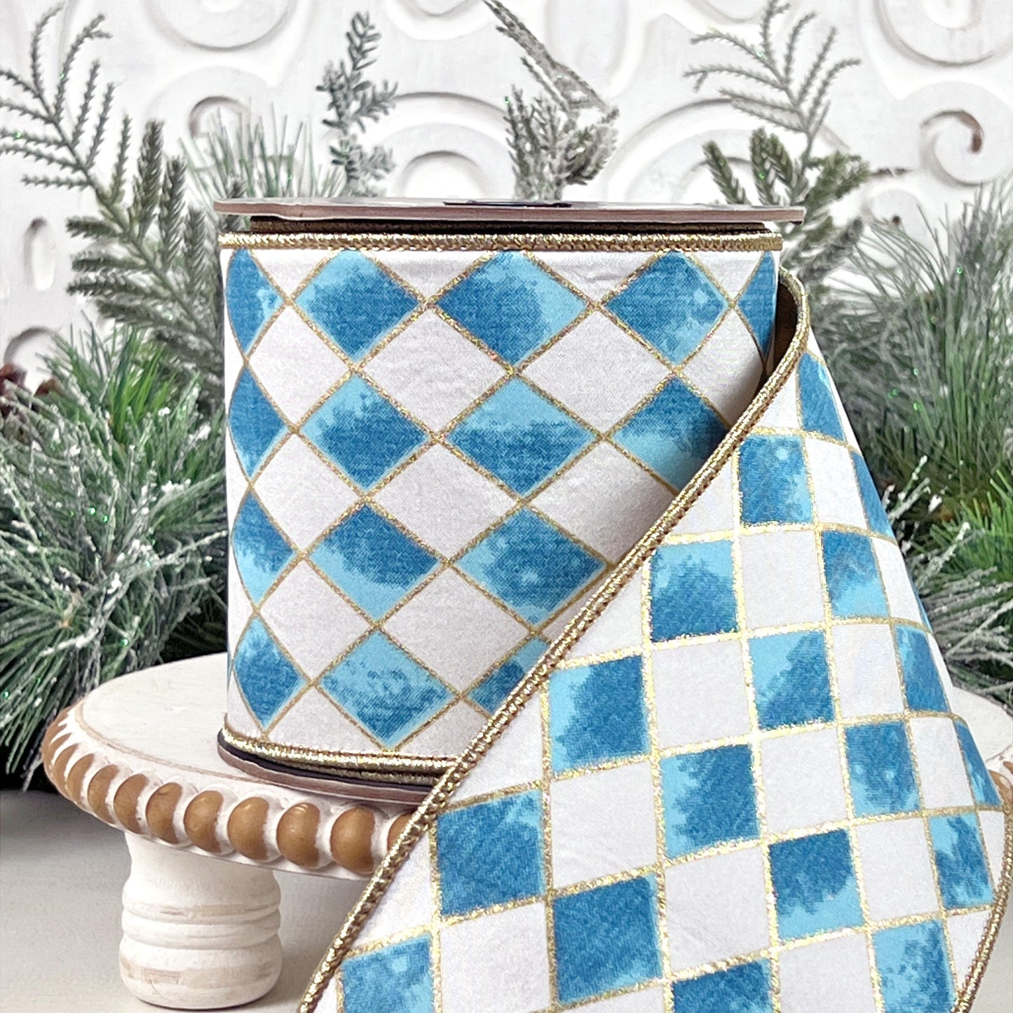 Blue and White Harlequin Ribbon, Cobalt Blue Jester Ribbon, Gold Backed Gilded Harlequin Ribbon, 4" Wired Harlequin Ribbon, Designer Ribbon