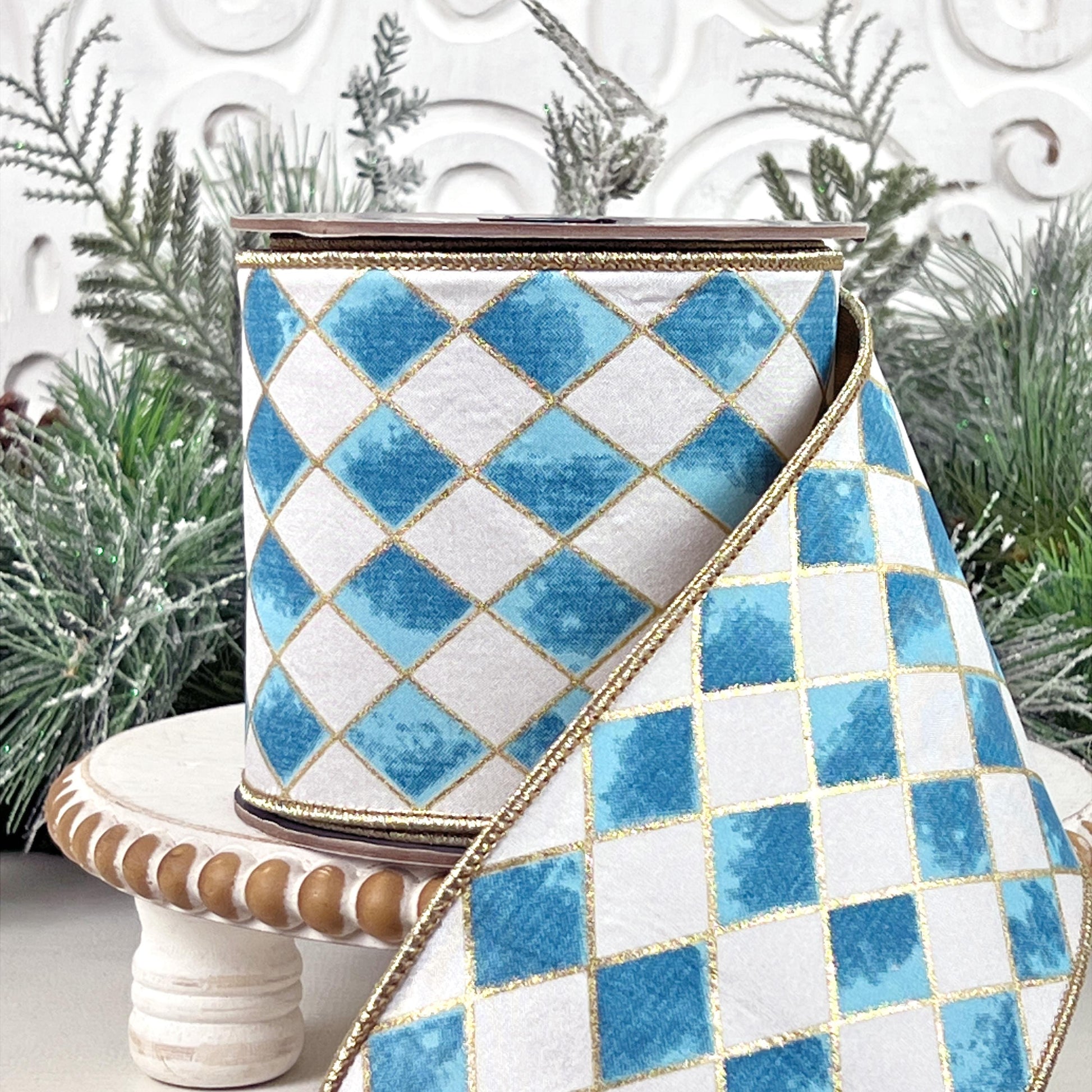 Blue and White Harlequin Ribbon, Cobalt Blue Jester Ribbon, Gold Backed Gilded Harlequin Ribbon, 4" Wired Harlequin Ribbon, Designer Ribbon
