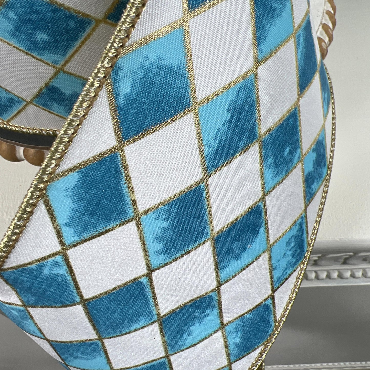 Blue and White Harlequin Ribbon, Cobalt Blue Jester Ribbon, Gold Backed Gilded Harlequin Ribbon, 4" Wired Harlequin Ribbon, Designer Ribbon