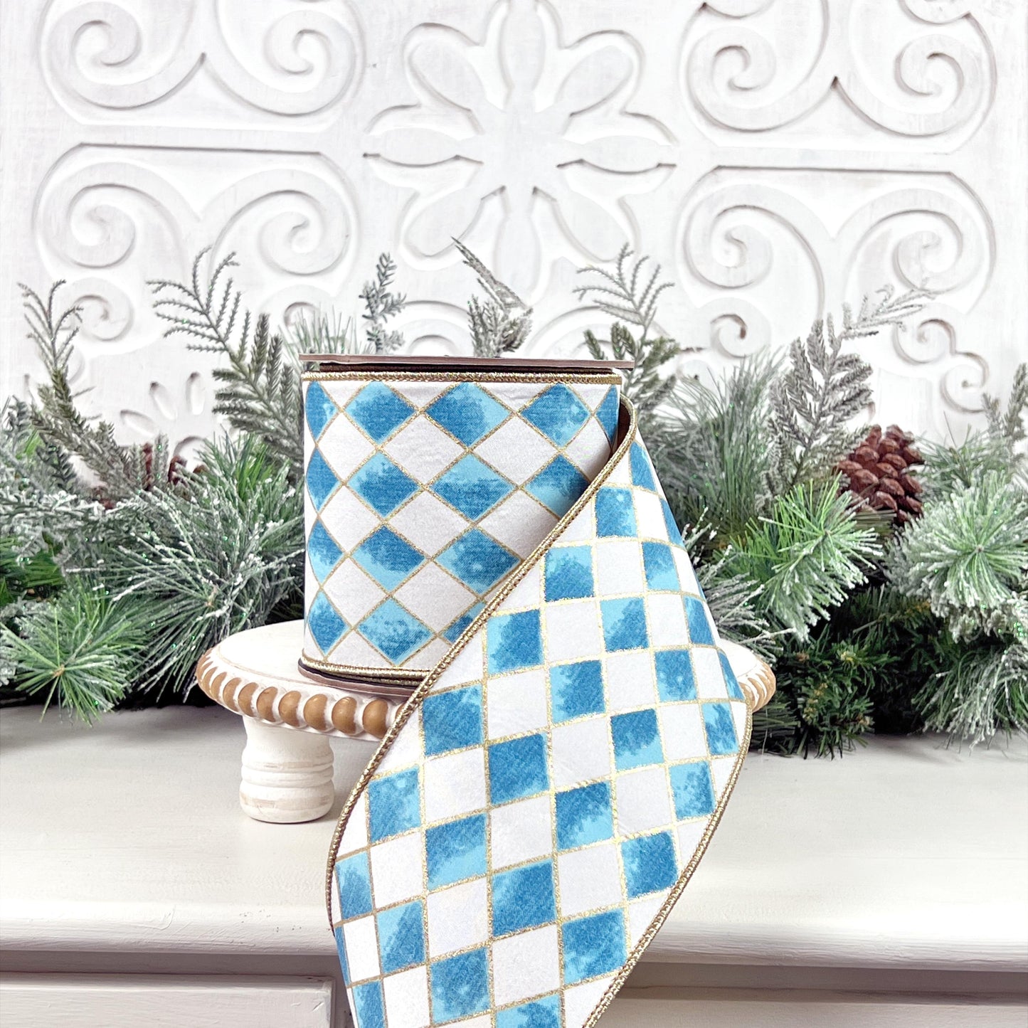 Blue and White Harlequin Ribbon, Cobalt Blue Jester Ribbon, Gold Backed Gilded Harlequin Ribbon, 4" Wired Harlequin Ribbon, Designer Ribbon