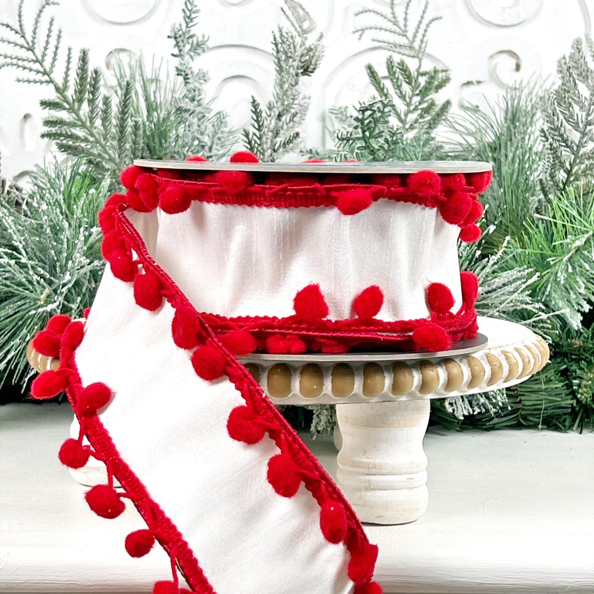White Ribbon with Red Pom Pom Trim, Pom Pom Edge Trimmed White Ribbon, Red and White Christmas Ribbon, Red and White Holiday Ribbon,