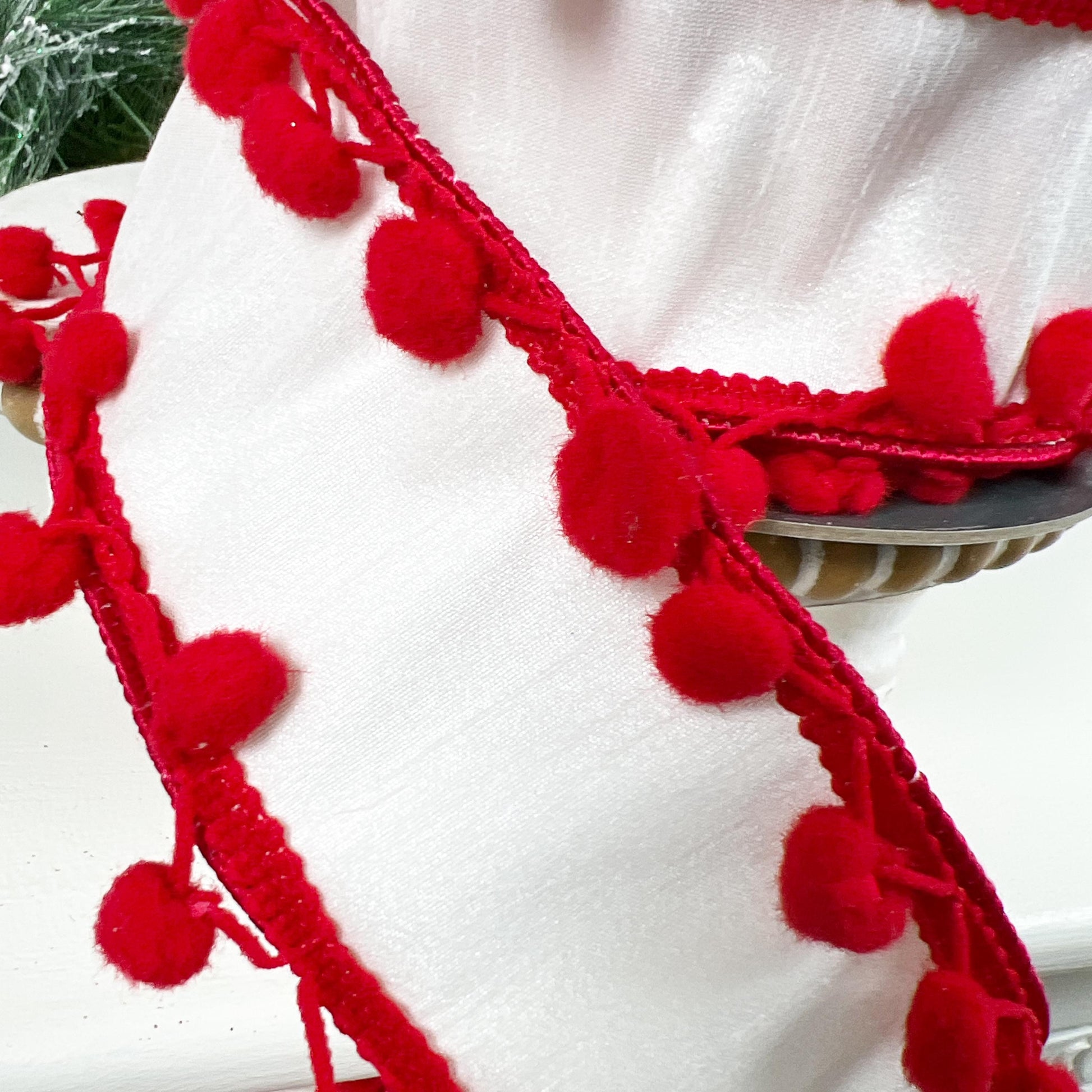 White Ribbon with Red Pom Pom Trim, Pom Pom Edge Trimmed White Ribbon, Red and White Christmas Ribbon, Red and White Holiday Ribbon,