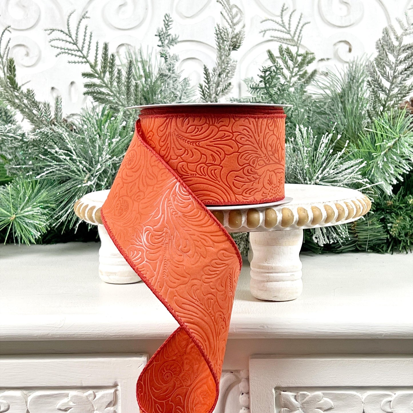 Rust Orange Floral Embossed Ribbon, Orange Fall Ribbon, Floral Ribbon, Autumn Floral Embossed Ribbon, Rust Orange Wedding Decor