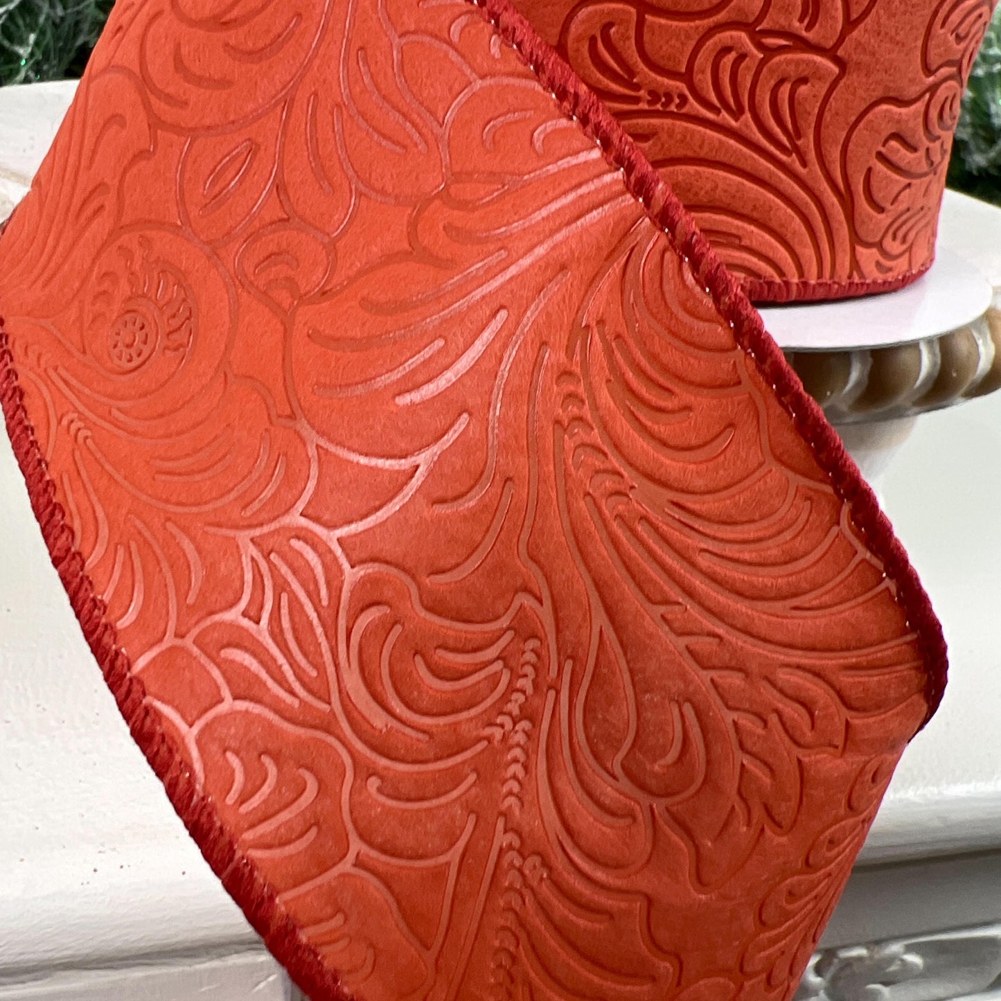 Rust Orange Floral Embossed Ribbon, Orange Fall Ribbon, Floral Ribbon, Autumn Floral Embossed Ribbon, Rust Orange Wedding Decor
