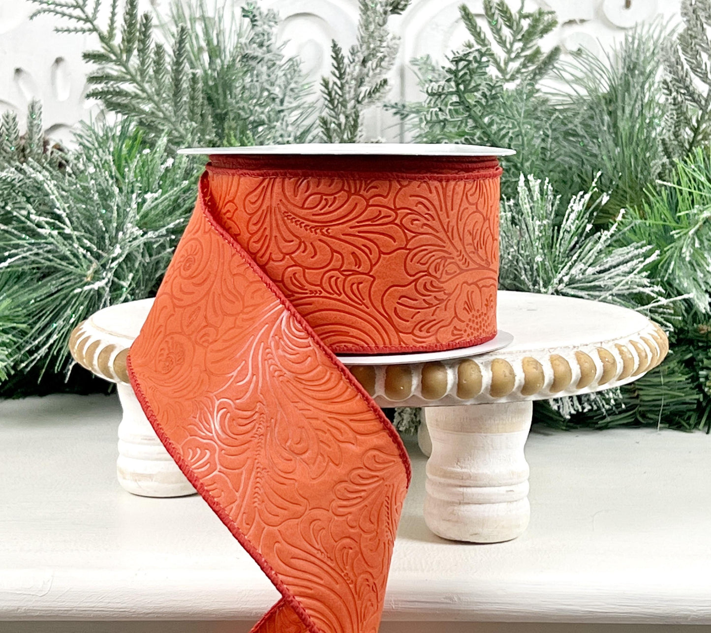 Rust Orange Floral Embossed Ribbon, Orange Fall Ribbon, Floral Ribbon, Autumn Floral Embossed Ribbon, Rust Orange Wedding Decor