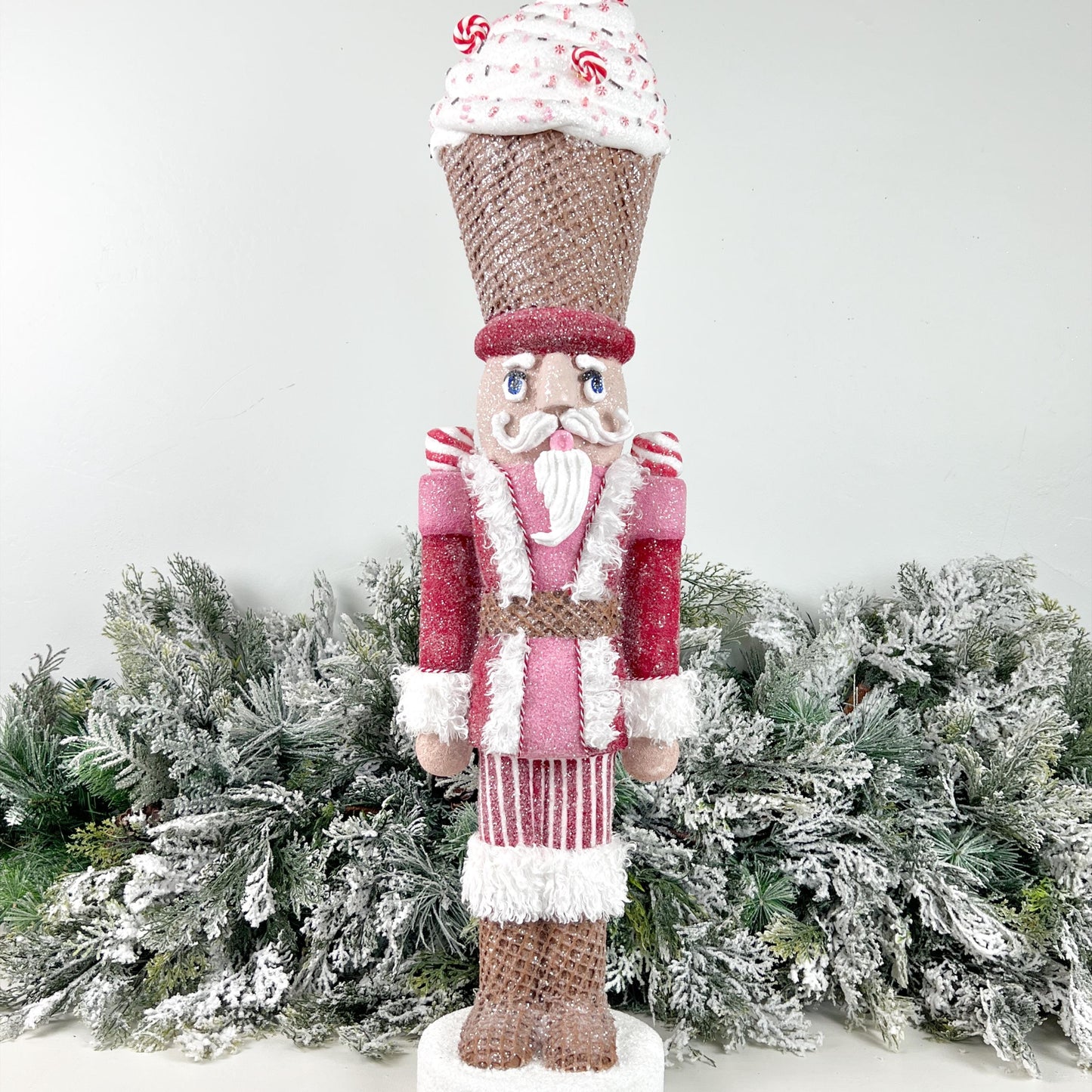 34" Whimsical Peppermint Sprinkles Christmas Nutcracker - Handmade Candy Themed Holiday Decor - Pink Red Nutcracker Centerpiece Decor