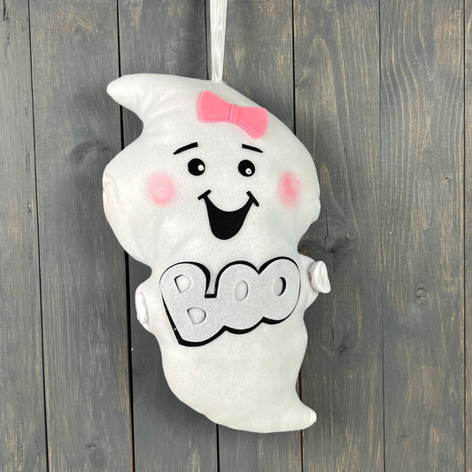 Boo Ghost Wreath Attachment, Halloween Wreath Embellishment, Not So Scary Halloween Decor, Ghost with Pink Bow, Plush Ghost, Halloween Decor