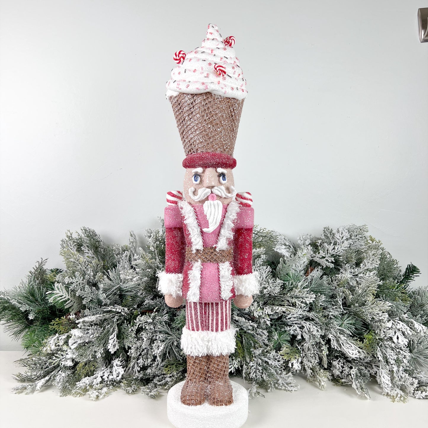34" Whimsical Peppermint Sprinkles Christmas Nutcracker - Handmade Candy Themed Holiday Decor - Pink Red Nutcracker Centerpiece Decor