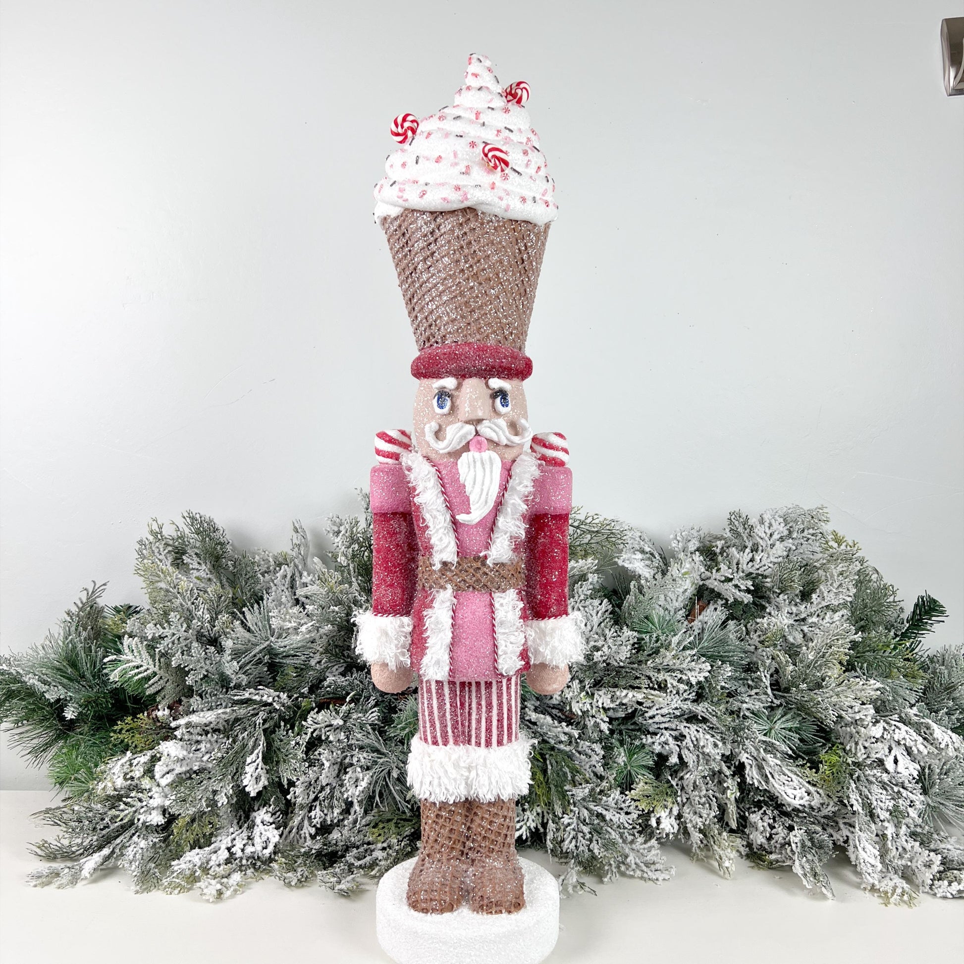 34" Whimsical Peppermint Sprinkles Christmas Nutcracker - Handmade Candy Themed Holiday Decor - Pink Red Nutcracker Centerpiece Decor