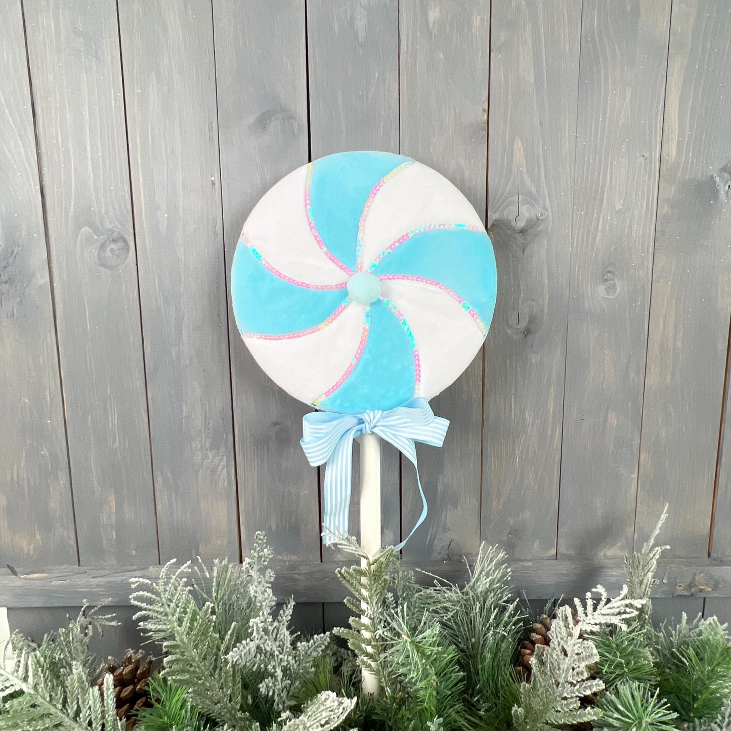 lg blue and white swirl lollipop with sequin trim, perfect for Christmas, party, Easter, or home decor, great photo prop