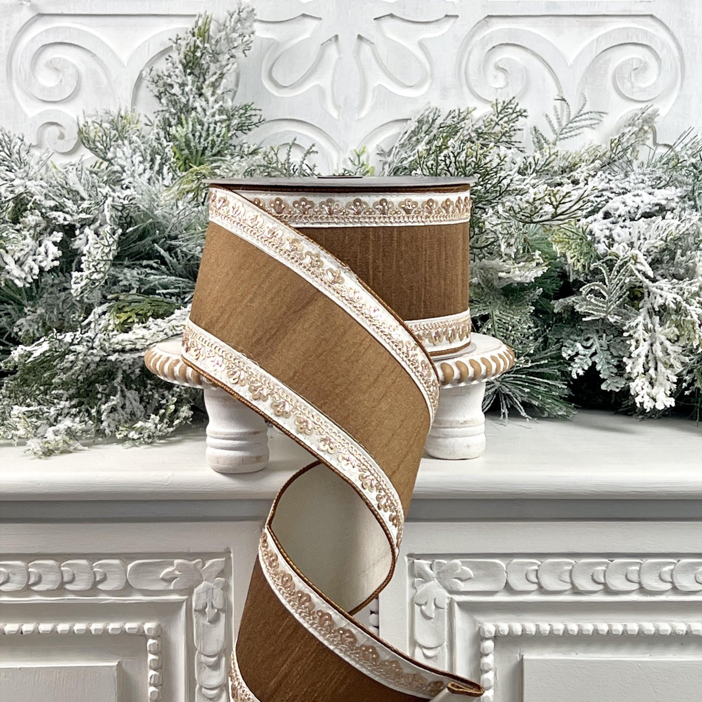 Farrisilk Chocolate Brown Jeweled Ribbon with Gold Florets - Luxury Wired Sequin Trim Ribbon for Chic Holiday & Wedding Decor