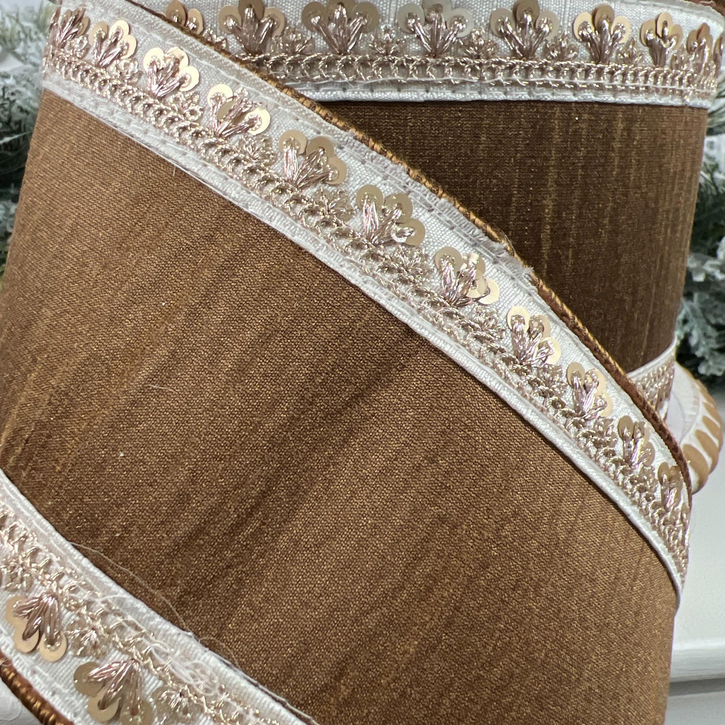 Farrisilk Chocolate Brown Jeweled Ribbon with Gold Florets - Luxury Wired Sequin Trim Ribbon for Chic Holiday & Wedding Decor
