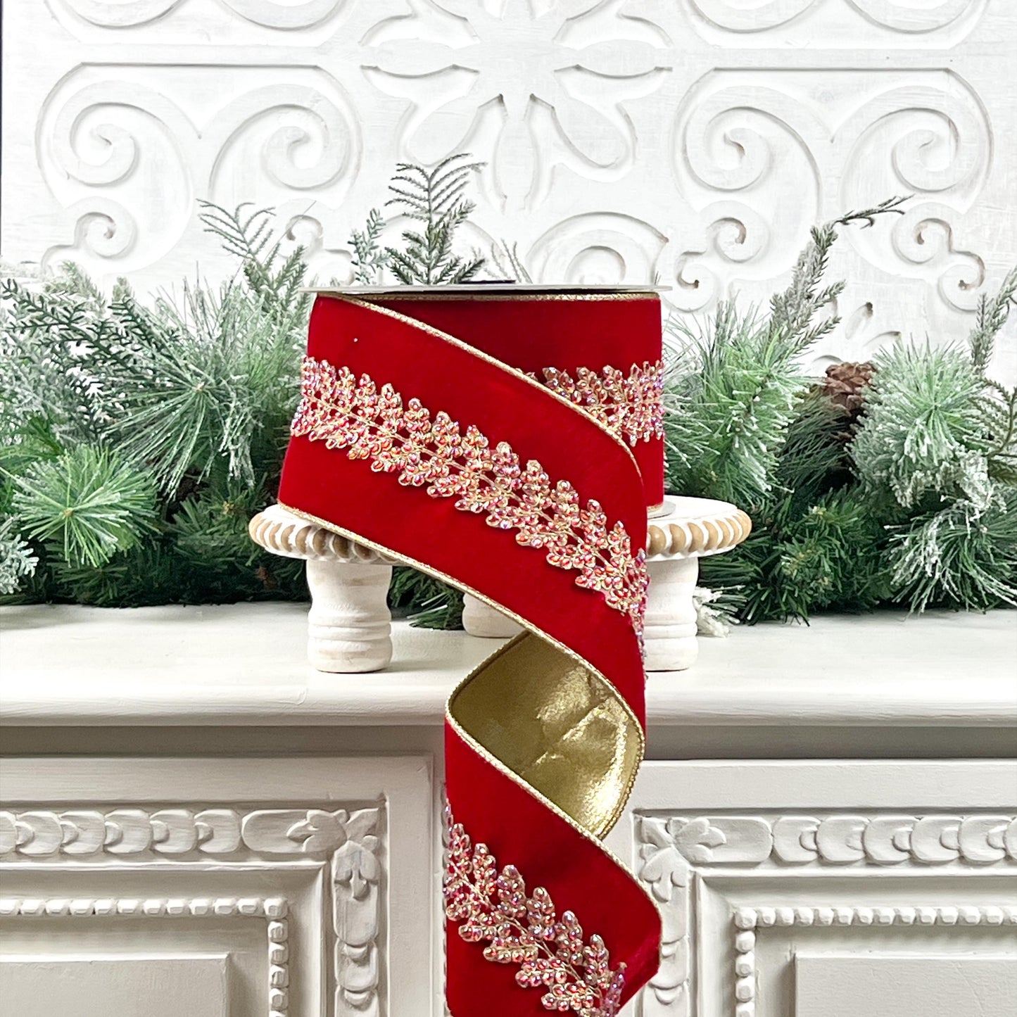 Farrisilk Enchanted Vine Jeweled Red Velvet Ribbon - Luxurious Wired Red Christmas Decor