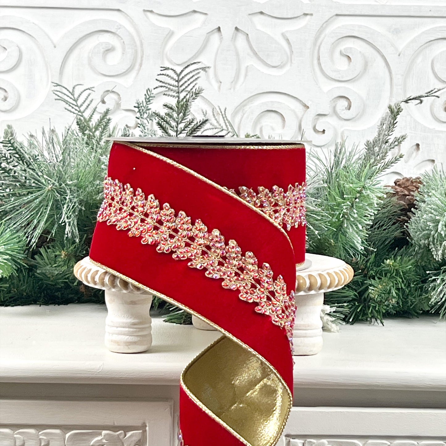 Farrisilk Enchanted Vine Jeweled Red Velvet Ribbon - Luxurious Wired Red Christmas Decor