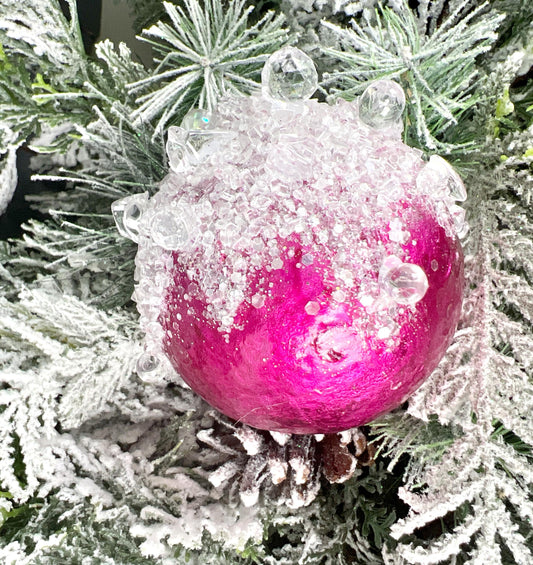 Nancy Brown's Hot Pink Jeweled Ornament - Luxurious Pink Christmas Decor - Iced Pink Ball Tree Decoration