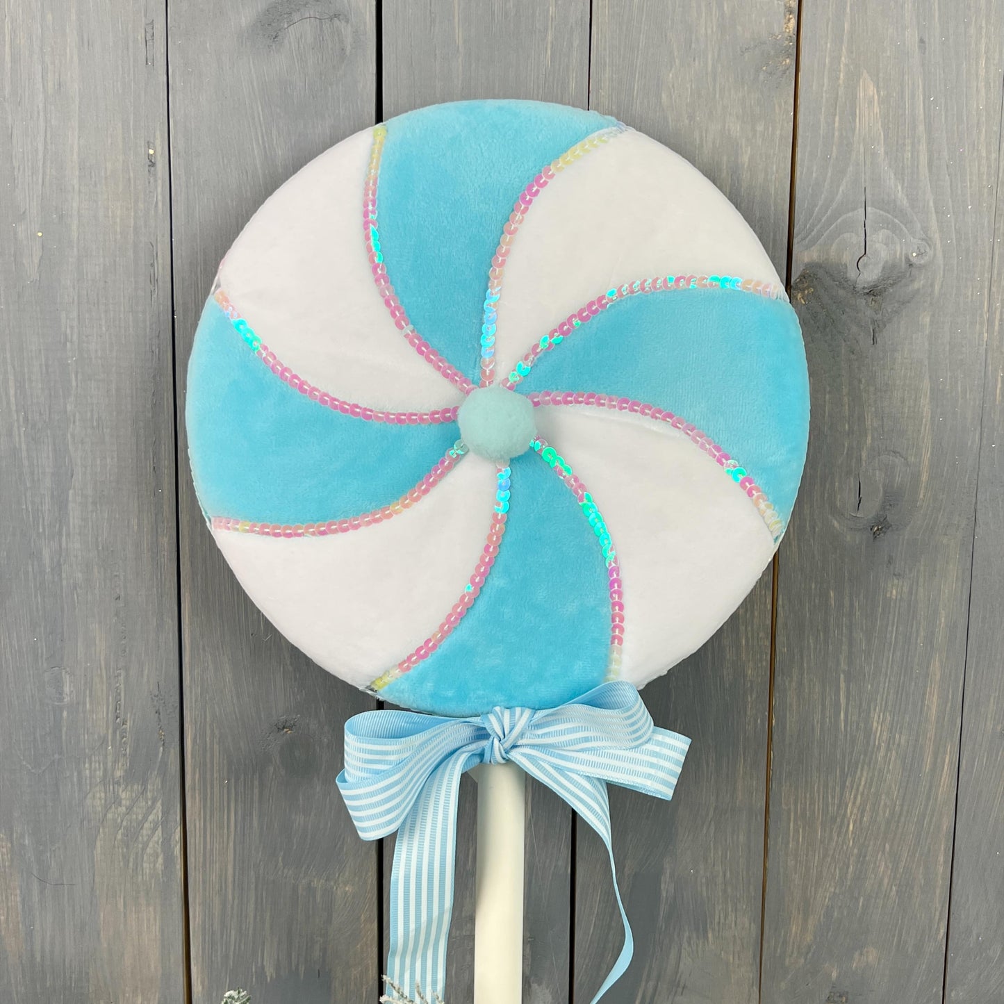 lg blue and white swirl lollipop with sequin trim, perfect for Christmas, party, Easter, or home decor, great photo prop