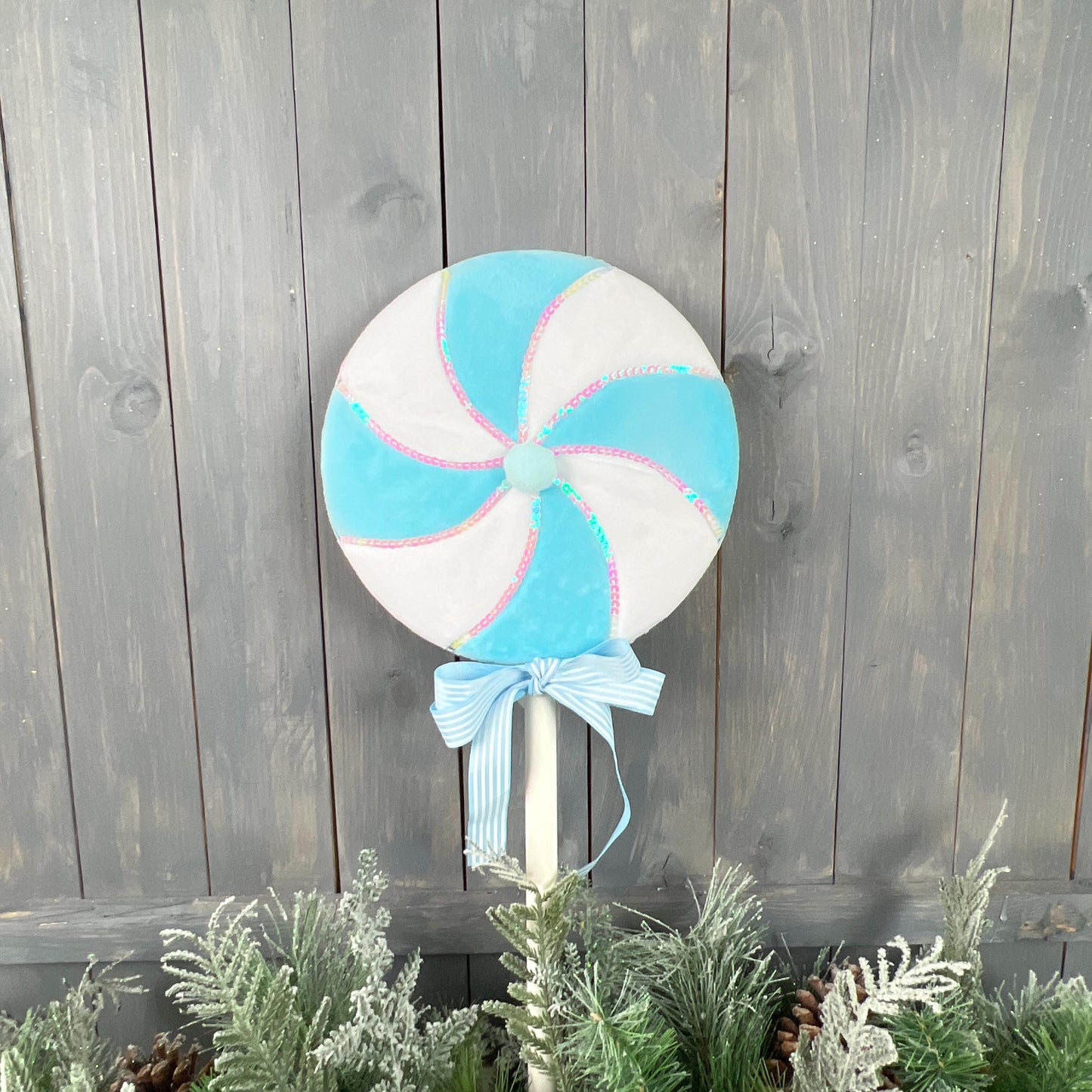 lg blue and white swirl lollipop with sequin trim, perfect for Christmas, party, Easter, or home decor, great photo prop
