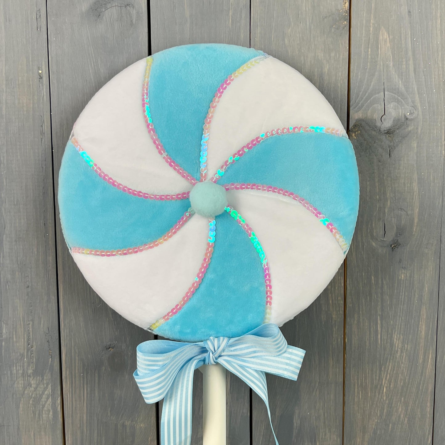 lg blue and white swirl lollipop with sequin trim, perfect for Christmas, party, Easter, or home decor, great photo prop