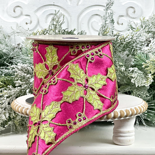 D Stevens Hot Pink and Apple Green Jeweled Holly Ribbon, Hot Pink Holly Ribbon, Pink and Green Xmas Ribbon, Jeweled Ribbon, Designer Ribbon