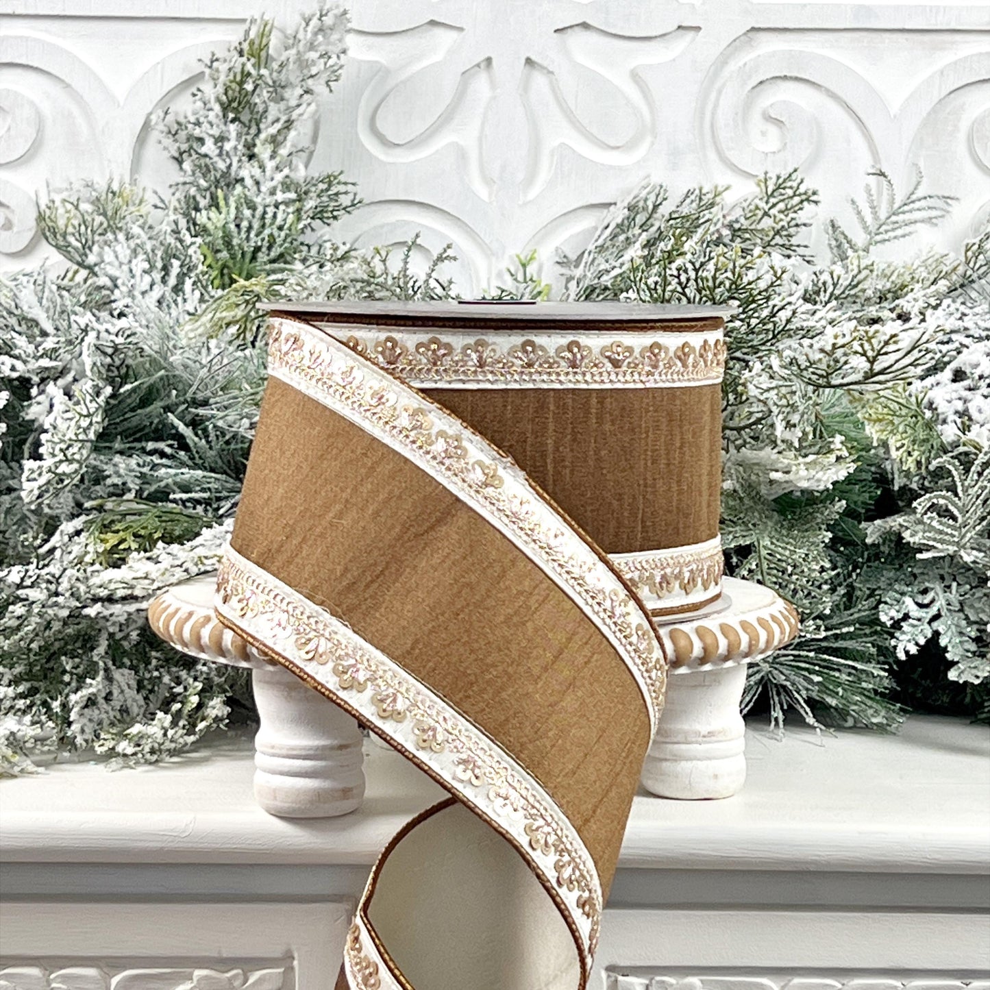 Farrisilk Chocolate Brown Jeweled Ribbon with Gold Florets - Luxury Wired Sequin Trim Ribbon for Chic Holiday & Wedding Decor