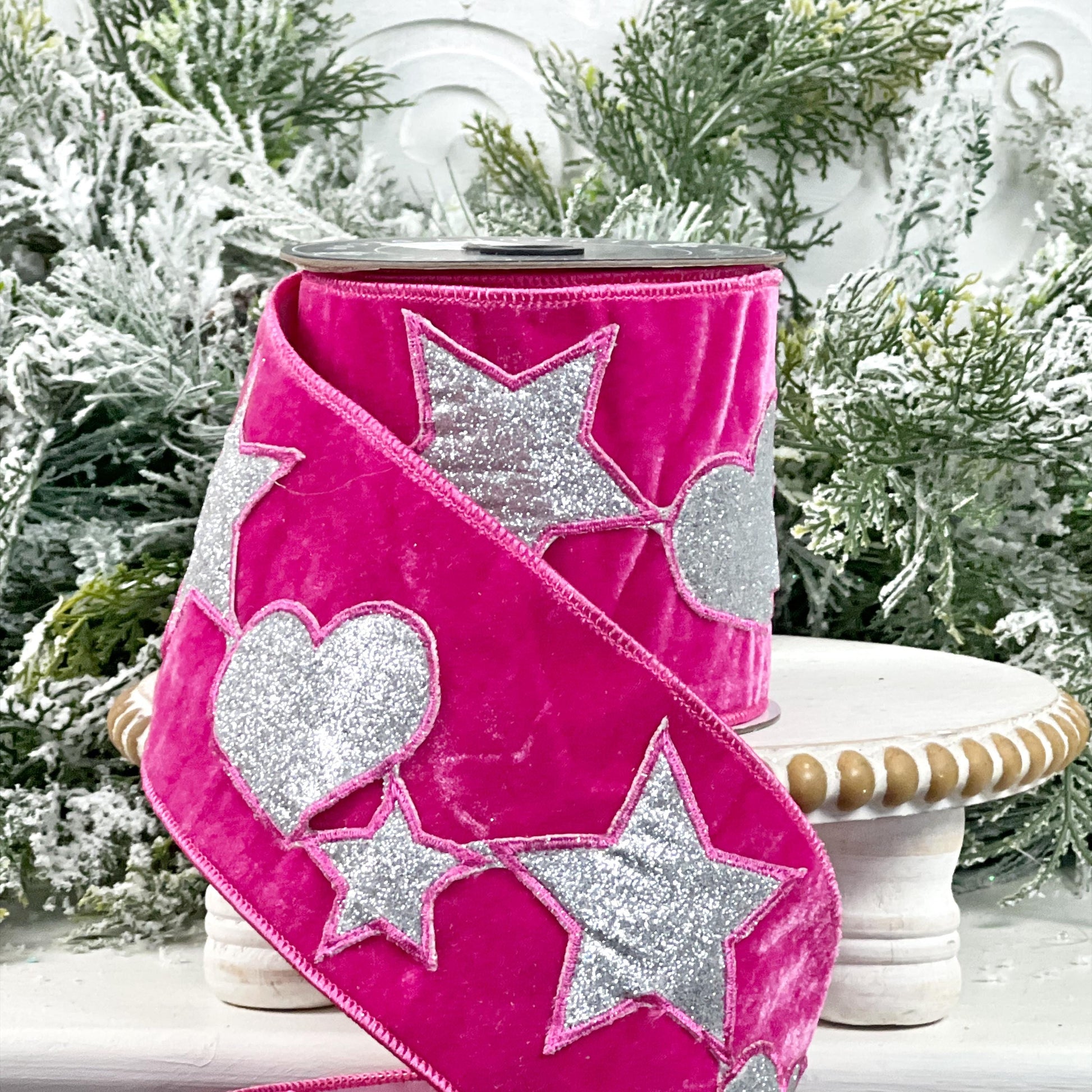 Nancy Brown Hot Pink Velvet Ribbon with Heart and Star Accents - Holiday Glam Home Decor, Hot Pink Velvet Ribbon, Pink Christmas Decor