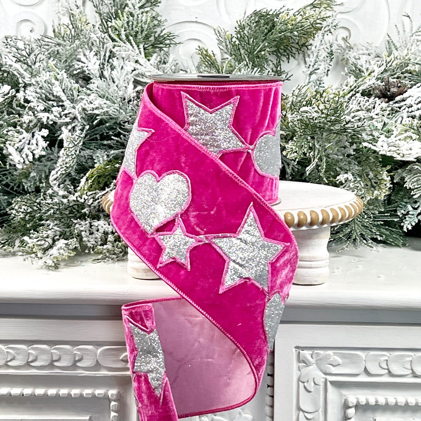 Nancy Brown Hot Pink Velvet Ribbon with Heart and Star Accents - Holiday Glam Home Decor, Hot Pink Velvet Ribbon, Pink Christmas Decor