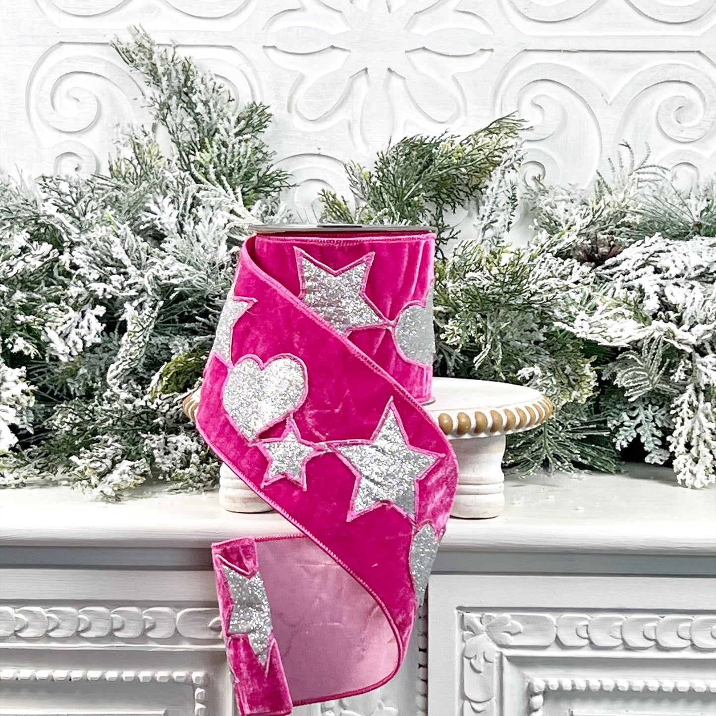 Nancy Brown Hot Pink Velvet Ribbon with Heart and Star Accents - Holiday Glam Home Decor, Hot Pink Velvet Ribbon, Pink Christmas Decor