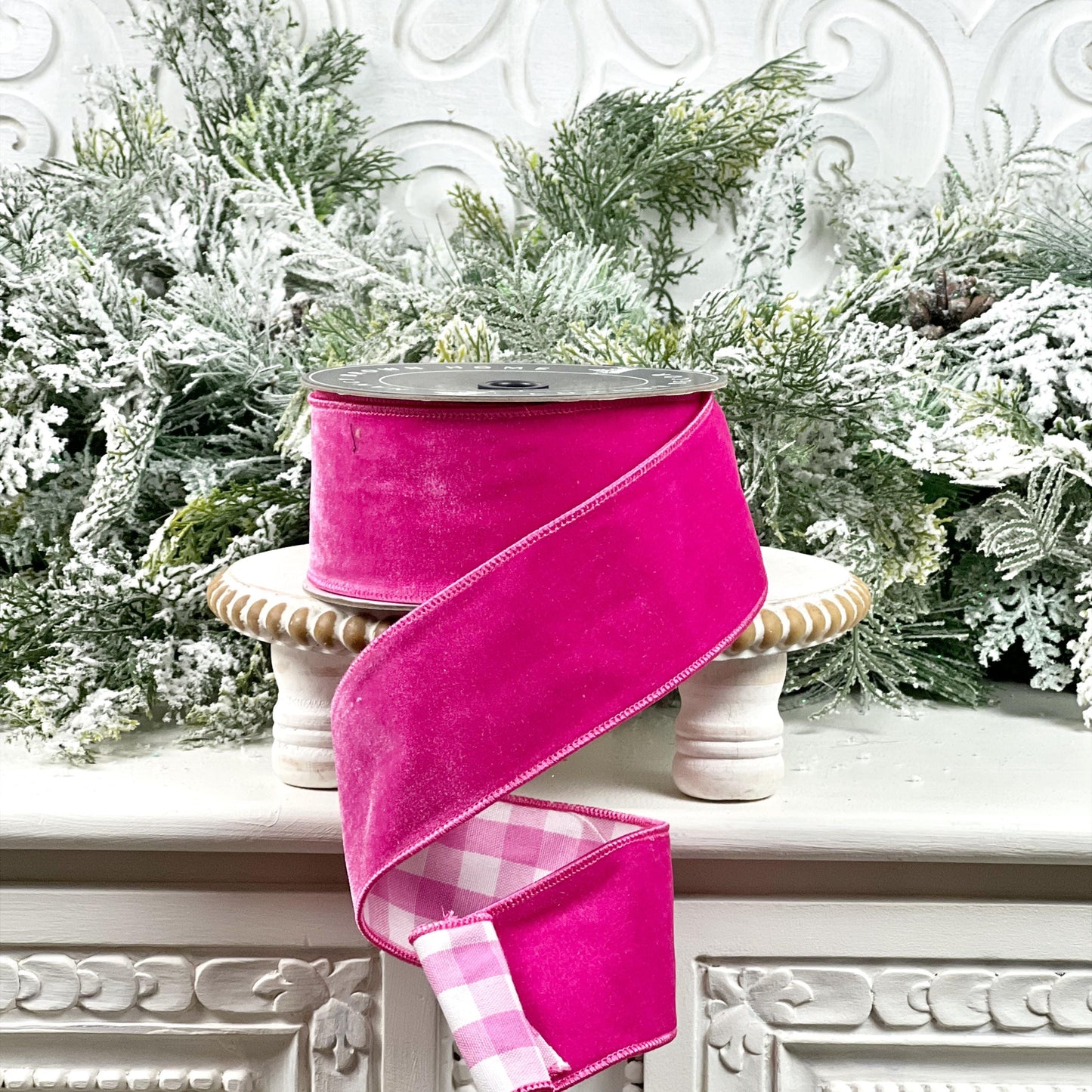 Nancy Brown's Hot Pink and Gingham Taffeta Ribbon - Luxury Wired Taffeta Ribbon for Home Decor, Wreaths, and Events, Pink Holiday Decor,