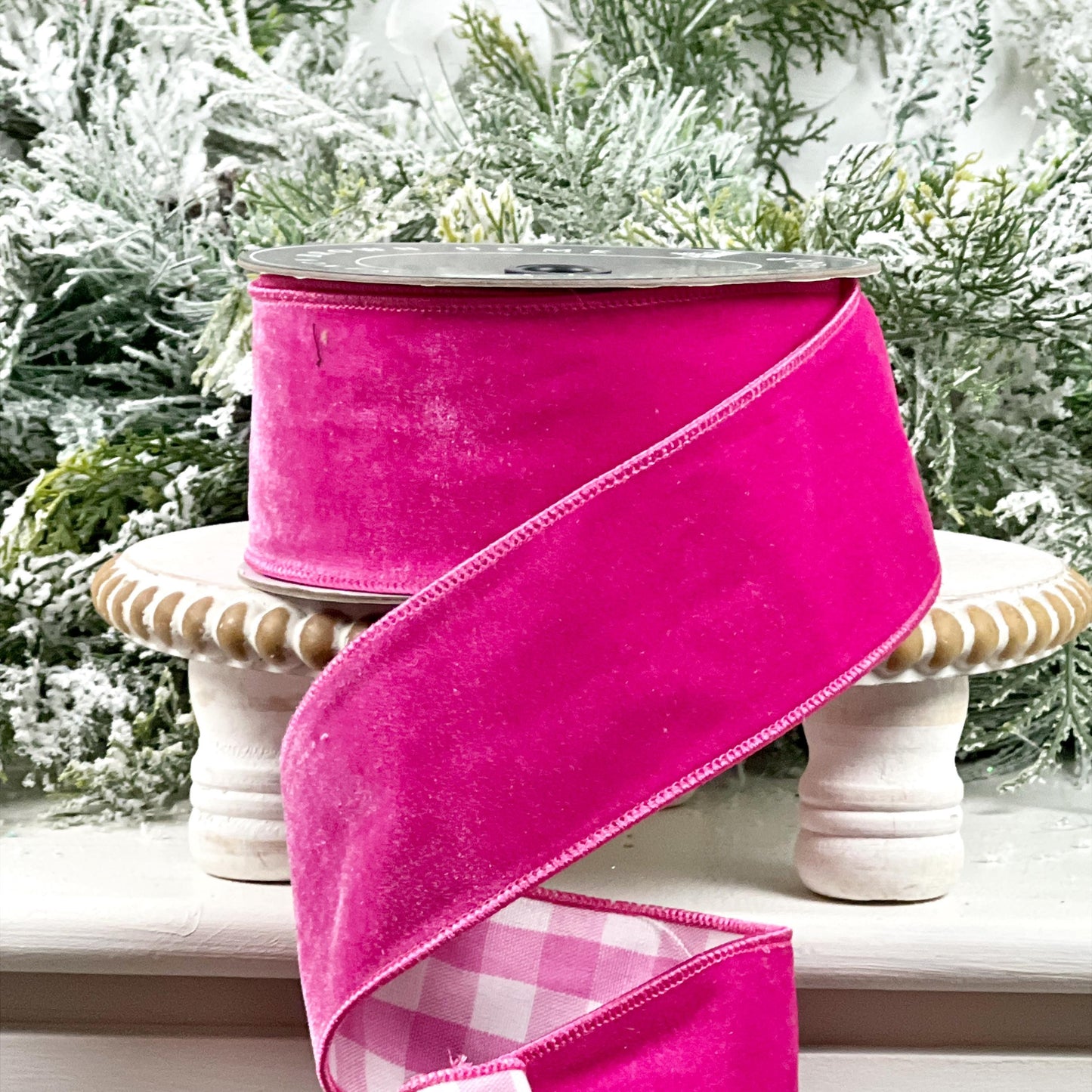 Nancy Brown's Hot Pink and Gingham Taffeta Ribbon - Luxury Wired Taffeta Ribbon for Home Decor, Wreaths, and Events, Pink Holiday Decor,